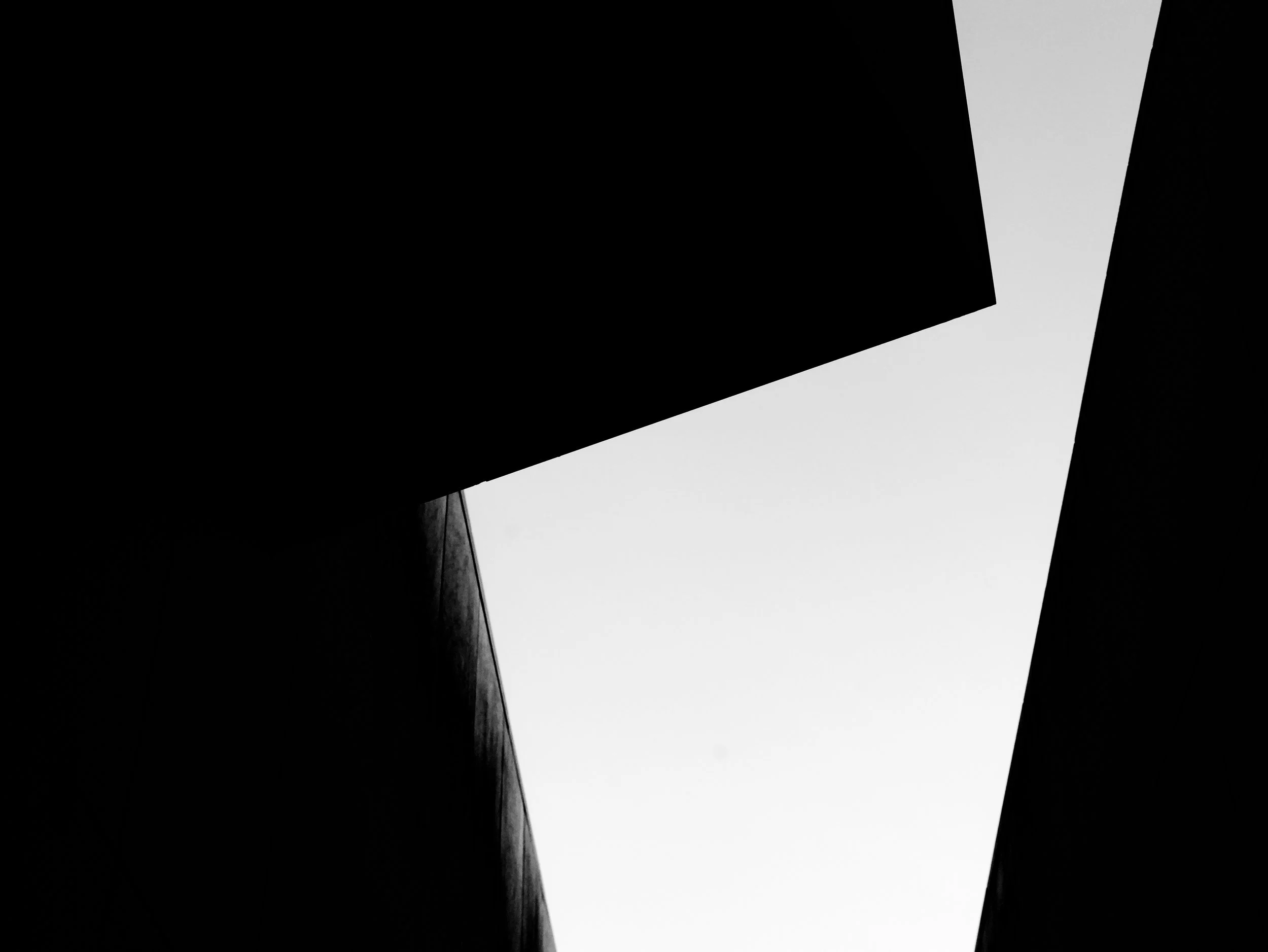 Black and white abstract image of two dark structures with a light sky in the background.