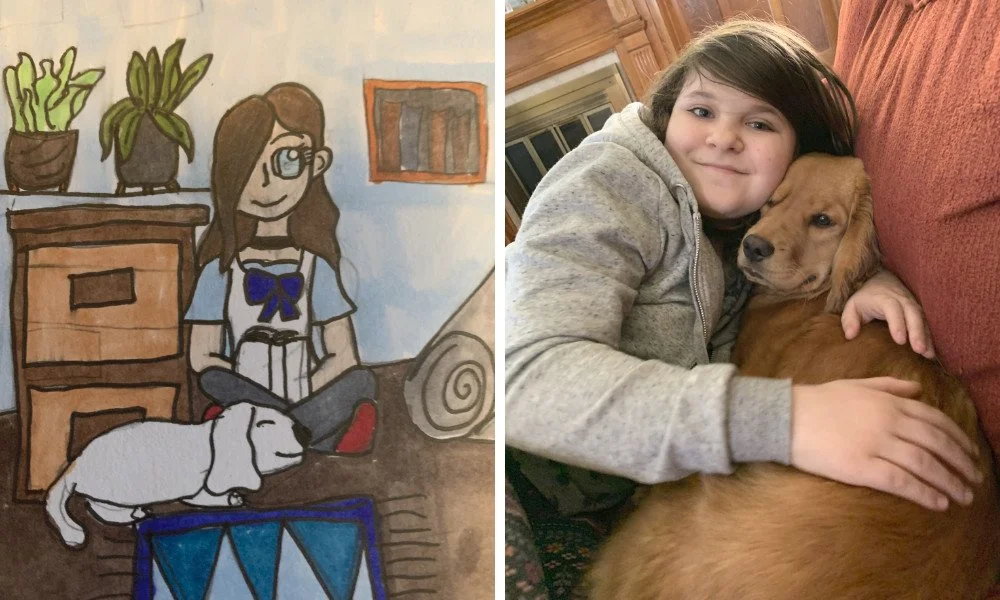 A self portrait of Kate and her dog Luna, drawn by Kate on the left and a picture of Kate and Luna on the right.