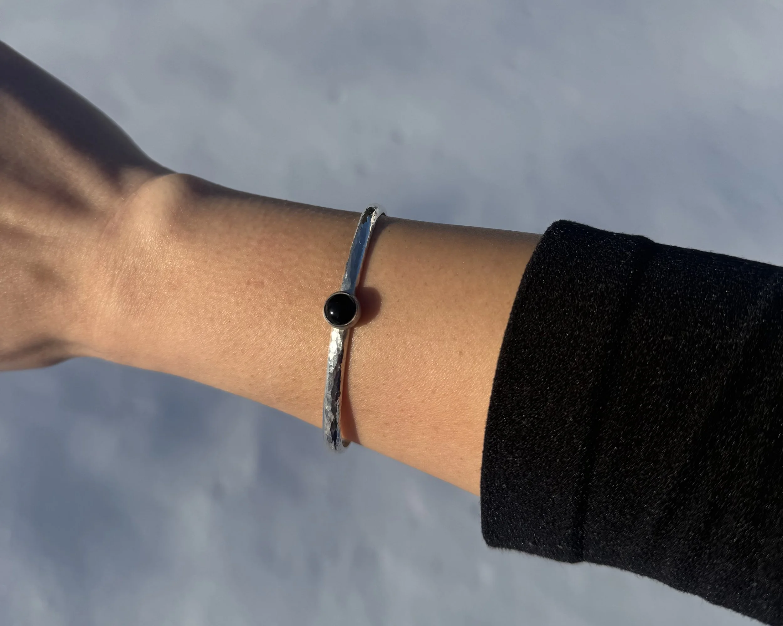 Black Onyx Sterling Silver Hammered Cuff