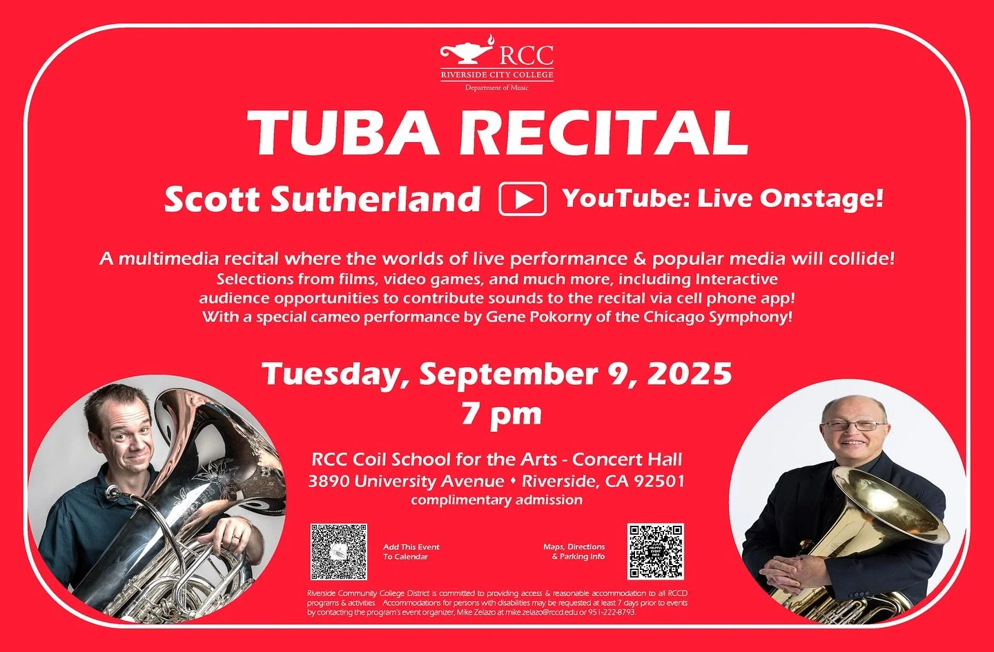Can&rsquo;t wait to share the stage with my tuba hero, Gene Pokorny at Riverside City College on Sept 9! Masterclass at 4p, &ldquo;YouTube: Live on Stage!&rdquo; at 7p.

See you there!!!