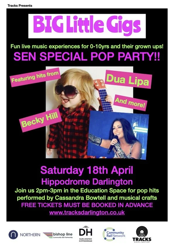 Poster featuring a small child holding a guitar and Dua Lipa look-a-like, plus all the information contained in the text on the webpage.