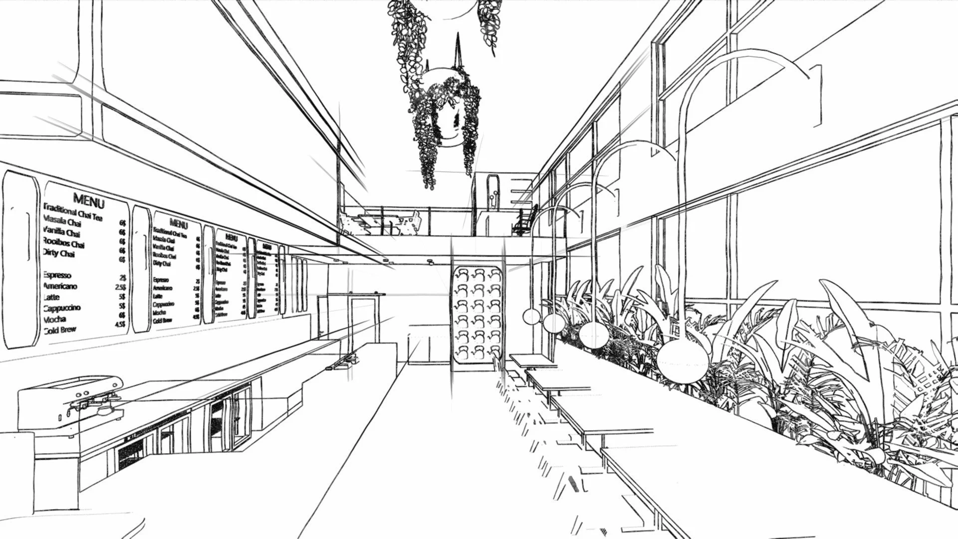 Coffee shop interior design sketch by KurtzDesign