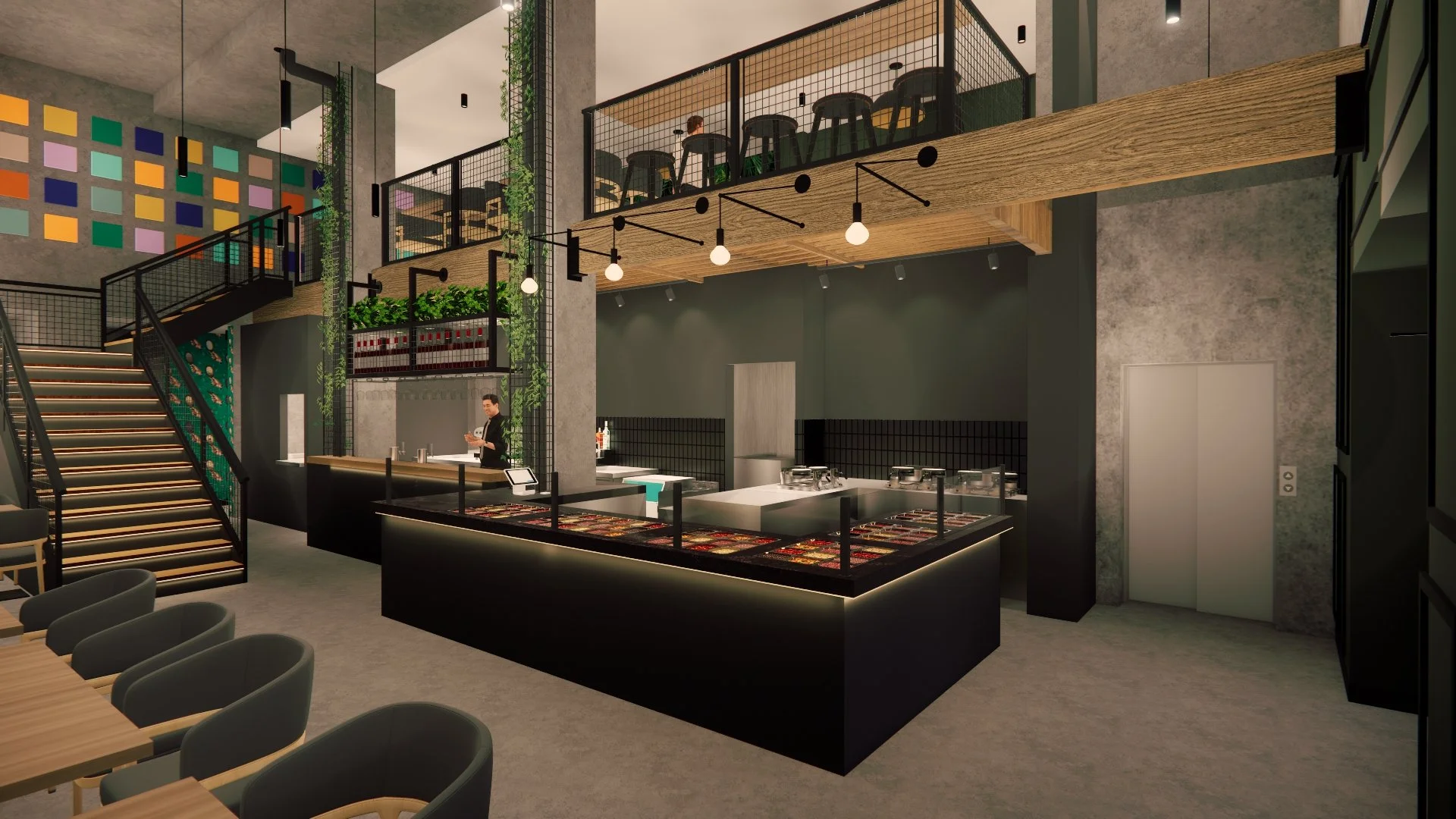 Interior design render of Waffee Bar in Coquitlam featuring a modern café atmosphere by KurtzDesign