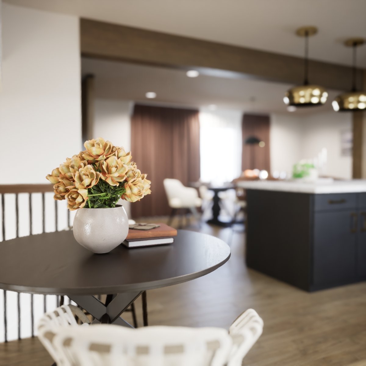 Links to Project Gallery. Image is stylized, foreground show a small table with two chairs and a bouquet of light orange roses on top of table. Beyond the table and blurred, is a kitchen counter, pendant lighting and a larger dining table.