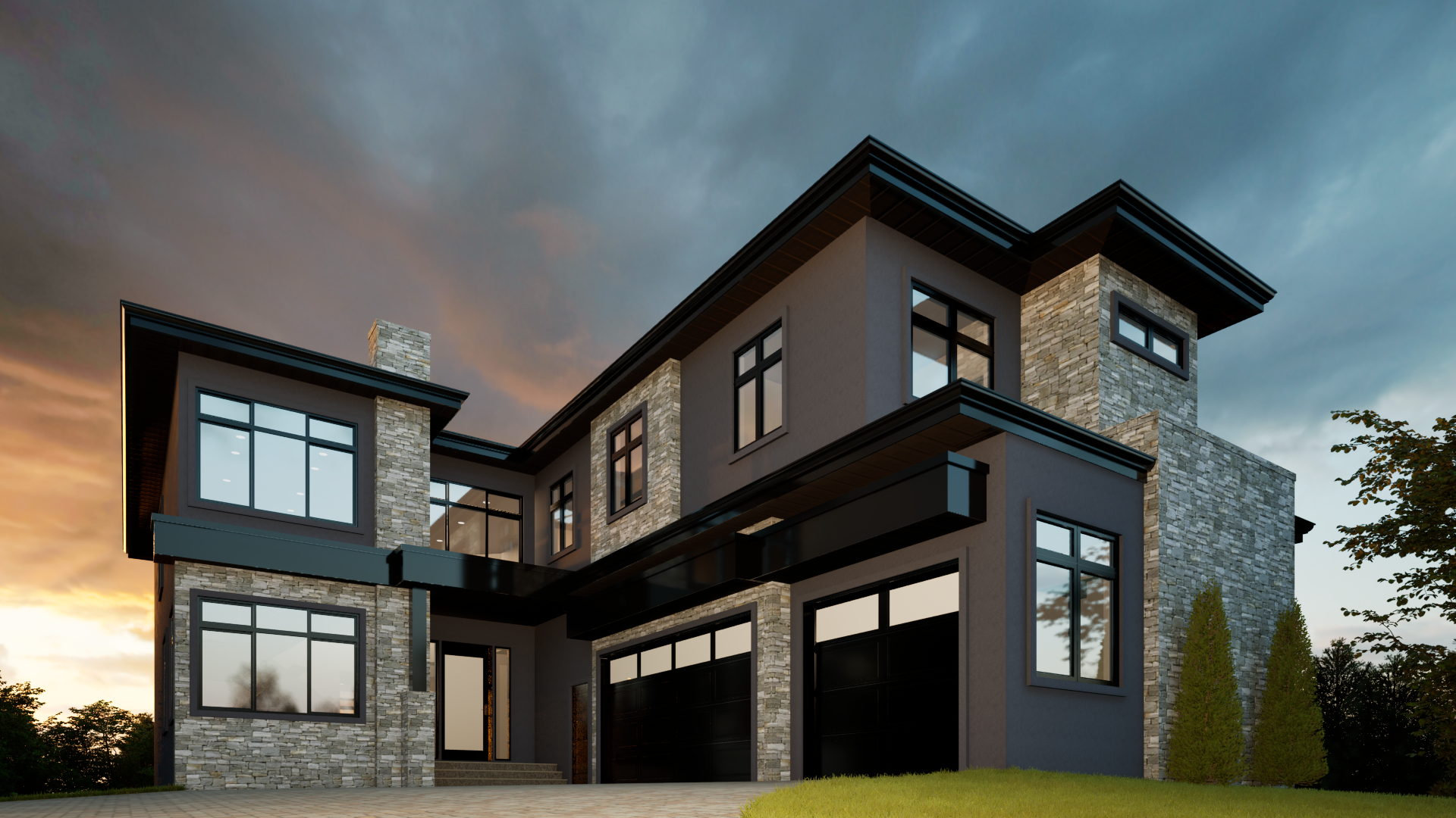 Links to Project Gallery. Image is of two storey residential home, view of two attached garages with front door in center, windows for livingroom to the left. Design by Aurora Home Design, render of design completed in Twinmotion