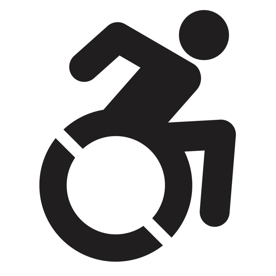 Symbol showing a wheelchair with user seated. Wheelchair user leaning forward as though actively propelling the wheelchair.