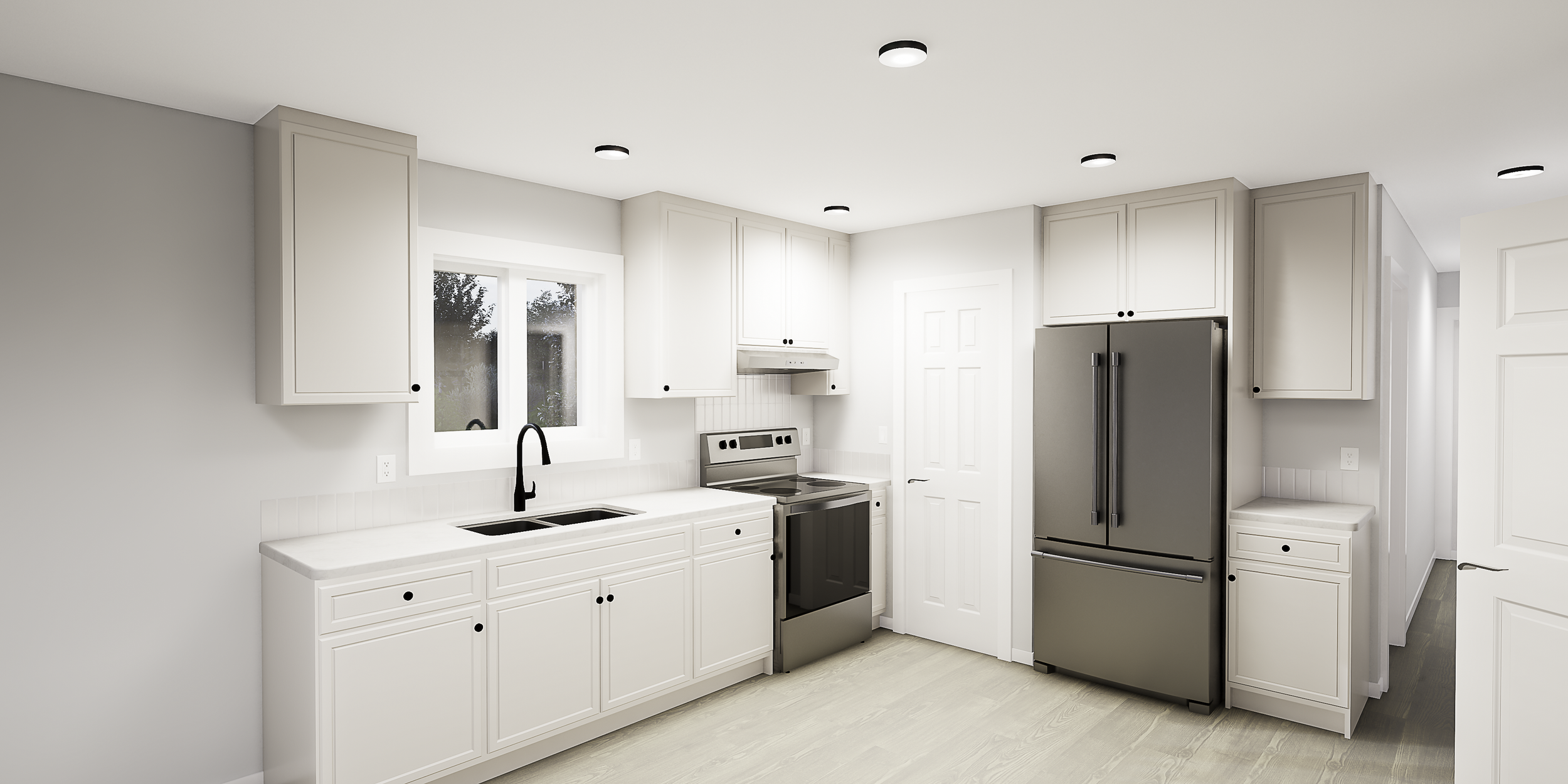 Modern kitchen with white cabinets, stainless steel refrigerator, black faucet, stovetop, and a window above the sink.