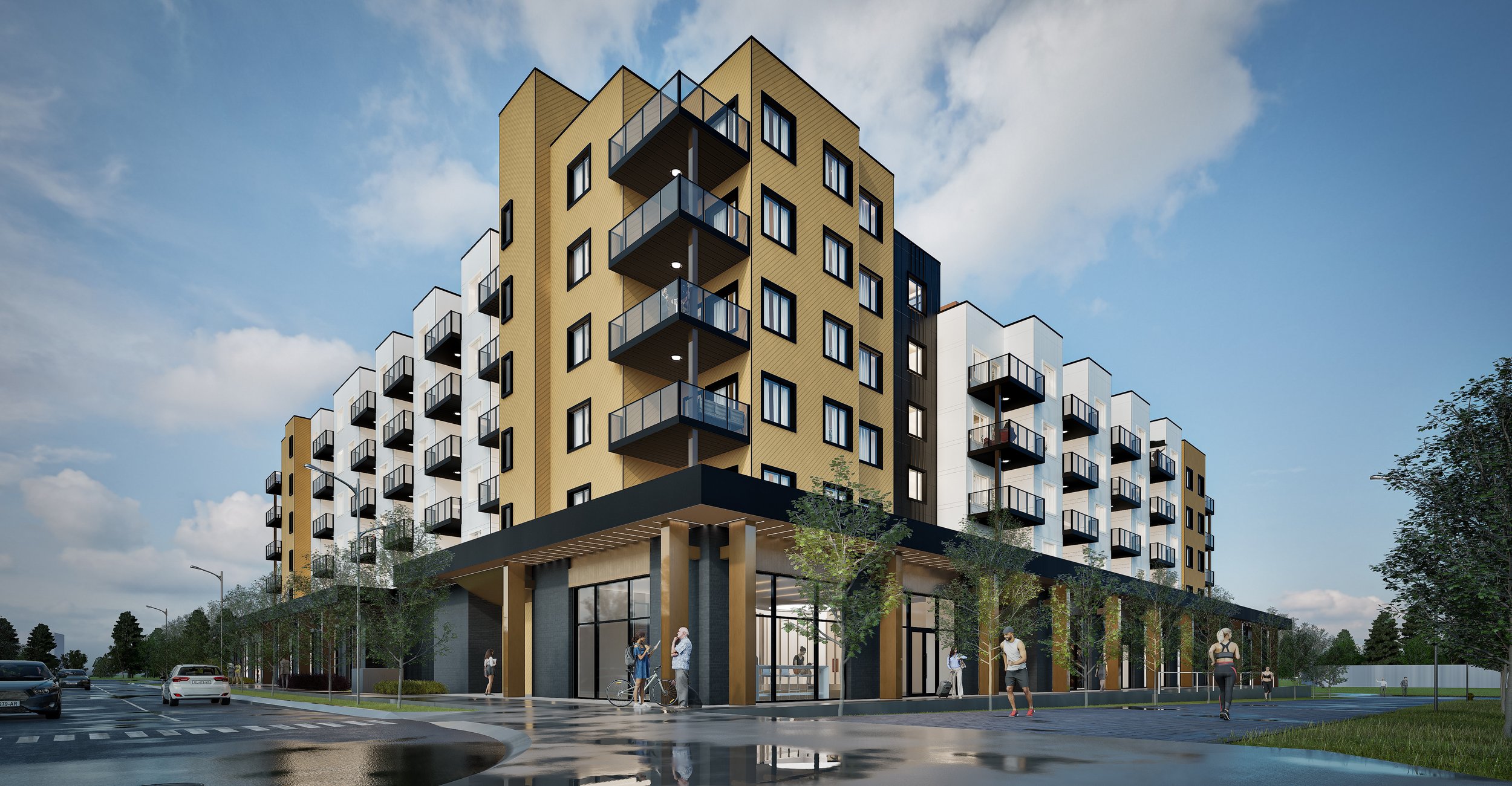 Link to Project Gallery. Image of a six storey building, main floor is for commercial, second through 6th floors are residential with balconies. In foreground tehre are trees, people standing in small groups & puddles reflecting the building and sky.