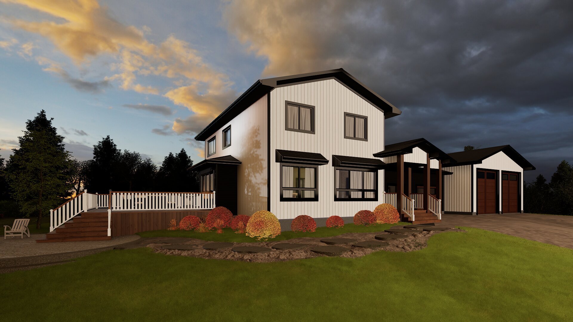 Modern two-story house with white siding, black trim, and a wooden porch, set in a yard with shrubs, trees, and a stone pathway at sunset.