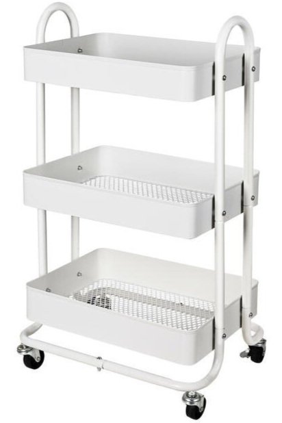 Three tiered metal rolling cart in white.