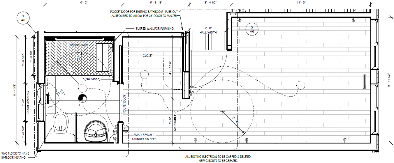 Floorplan line drawing showing the original plans for (from left to right) a wheelchair accessible bathroom, closet and a bedroom. Includes turning radii for a wheelchair in the bedroom and bathroom.