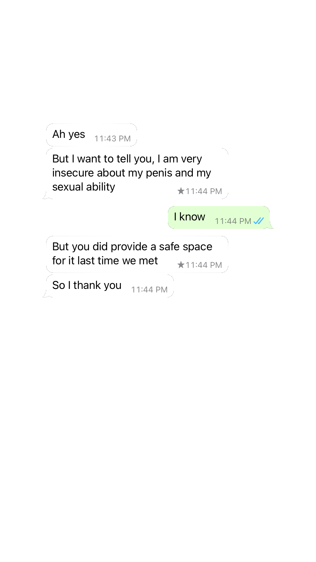 A text message conversation discussing insecurity about sexual ability and appreciation for a safe space.