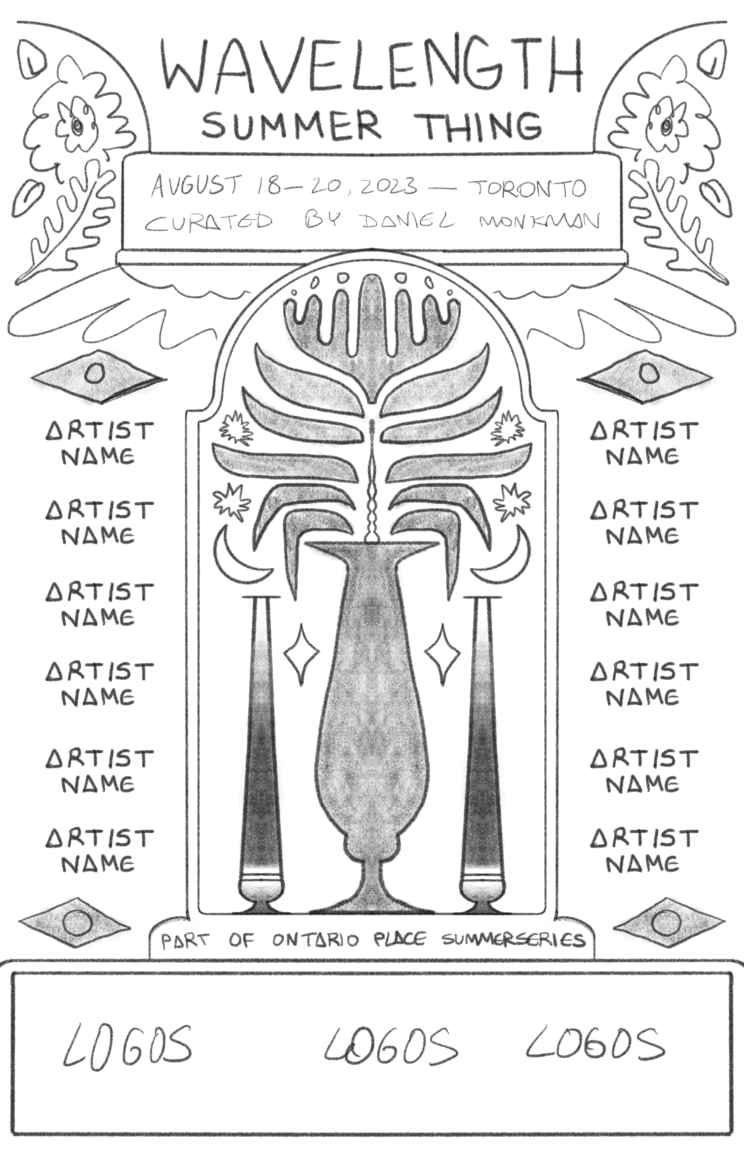 Hand-drawn poster for the Wavelength Summer Thing art event, August 18-20, 2023, in Toronto, curated by Daniel Monkan. Features spaces for artist names and logos, with a central abstract design resembling a plant or flame, flanked by two tall candlestick-like shapes with crescent moons and stars.