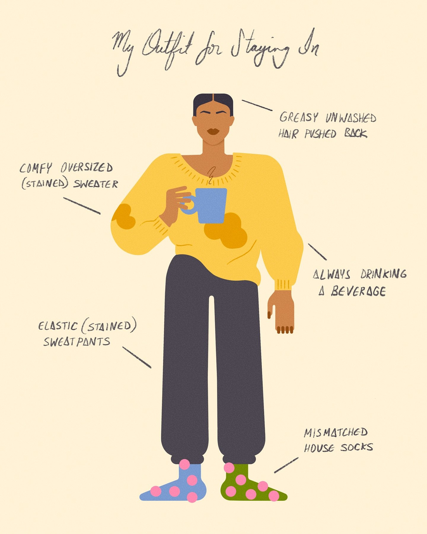 Two moods - one woman. My outfit for staying in and going out. ✨ This is the attire for most days. This illustration was inspired by @ninacosford when she did this a while back. 🥰

STAYING IN
👩🏽 greasy unwashed hair pushed back
👔 stained sweater 