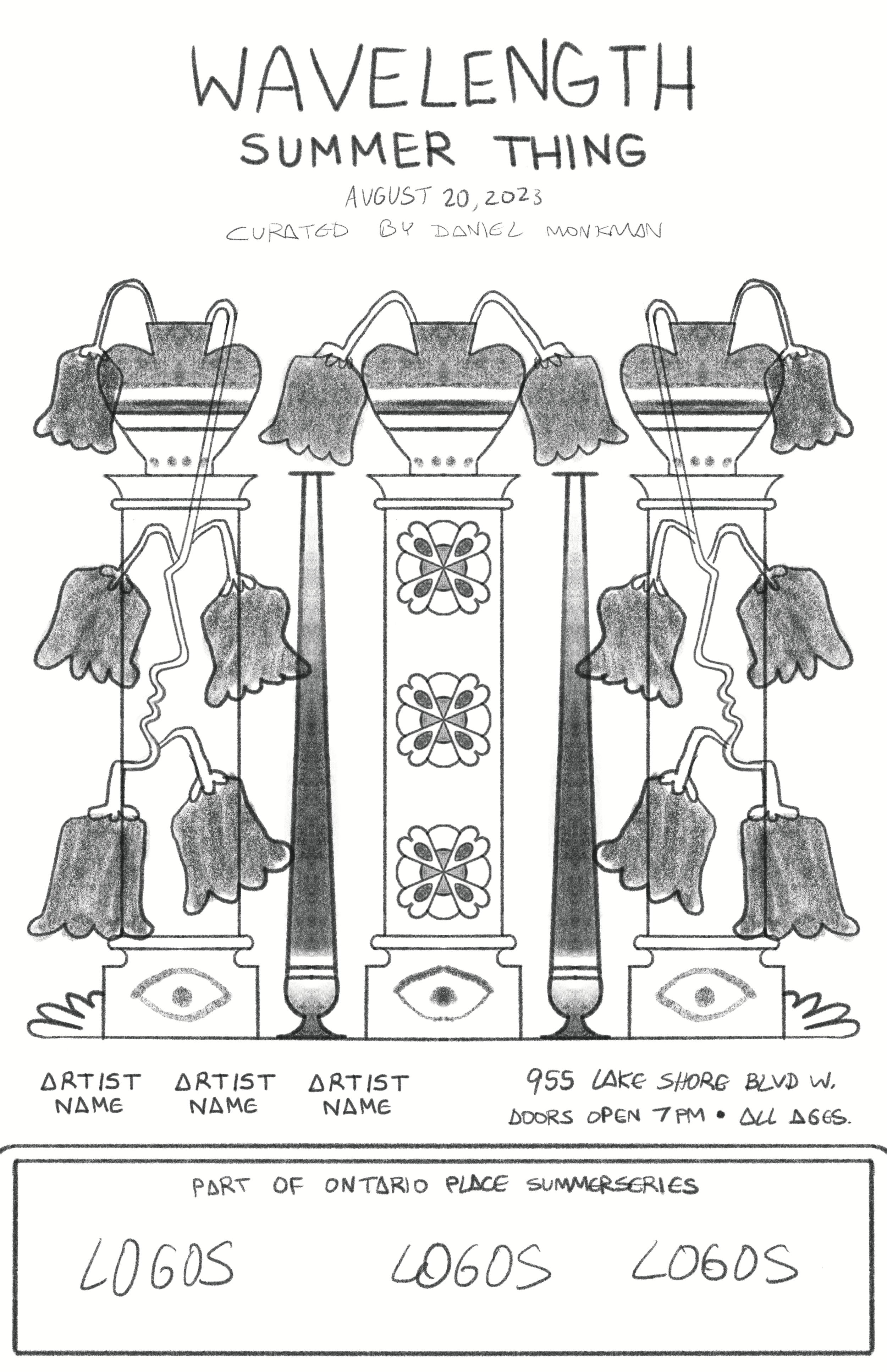 Black and white illustrated flyer for an event featuring three columns of bell-shaped flowers hanging from the top, with decorative flower patterns in the center, and eye symbols at the bottom of each column. The flyer includes text about a music event titled "WAVELENGTH SUMMER THING" scheduled for August 20, 2023, curated by Daniel Monahan, with details about the address, opening time, age suitability, and a section for artist names and logos.