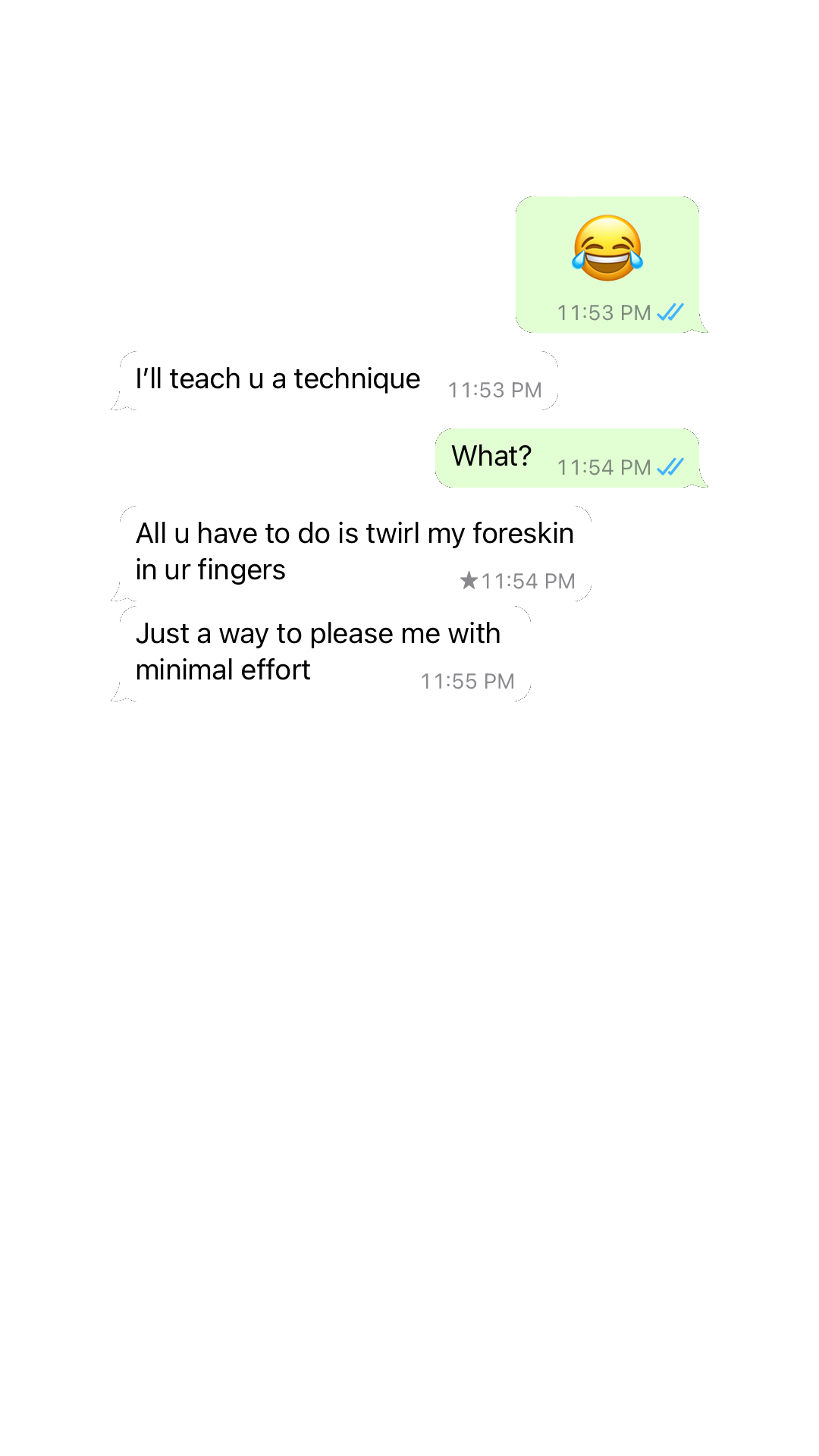 Screenshot of a conversation in a messaging app showing a humorous dialogue with emojis and misspelled words about teaching a technique involving twirling a foreskin with fingers.