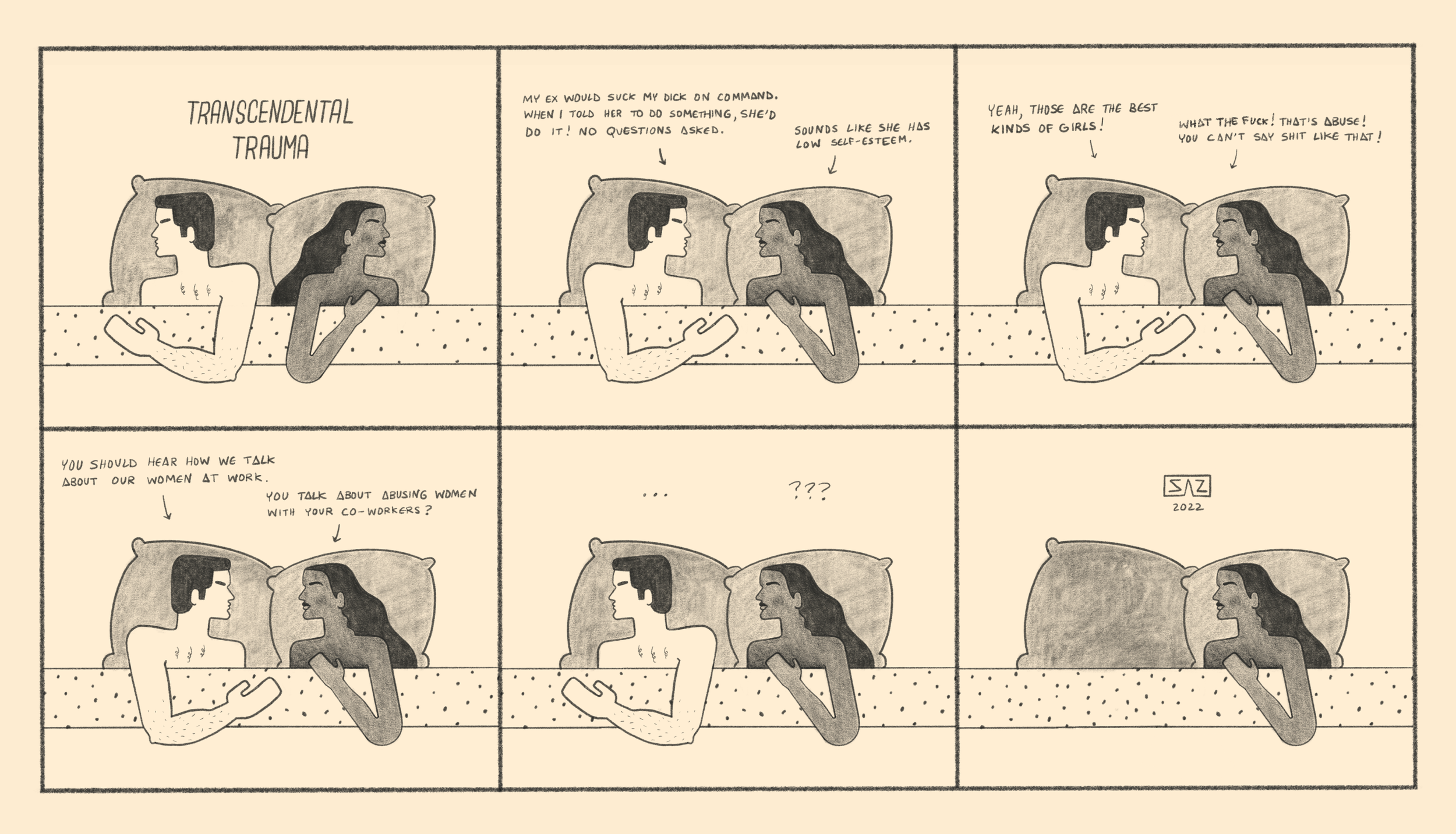 A comic strip titled "Transcendental Trauma" featuring two people in bed, one male and one female, having a conversation about their relationship, communication, and gender issues. The comic is in black and white with a minimalistic art style.