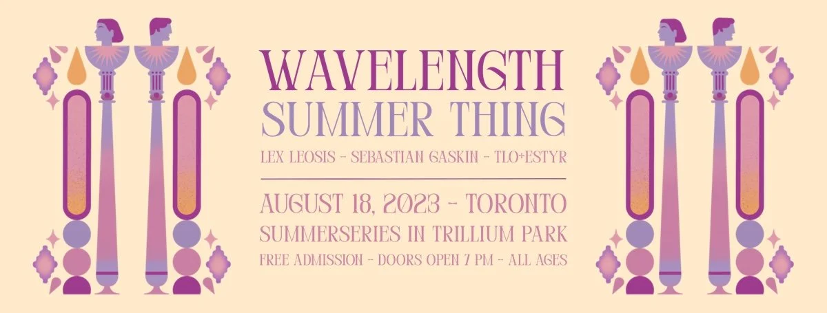 Poster with geometric and abstract decorative elements in pink, purple, and orange around text about a concert or event titled "Wavelength Summer Thing" on August 18, 2023, in Toronto at Trillium Park, featuring Lex Leosis, Sebastian Gaskin, Tilo + Estyr, free admission, doors open at 7 pm.
