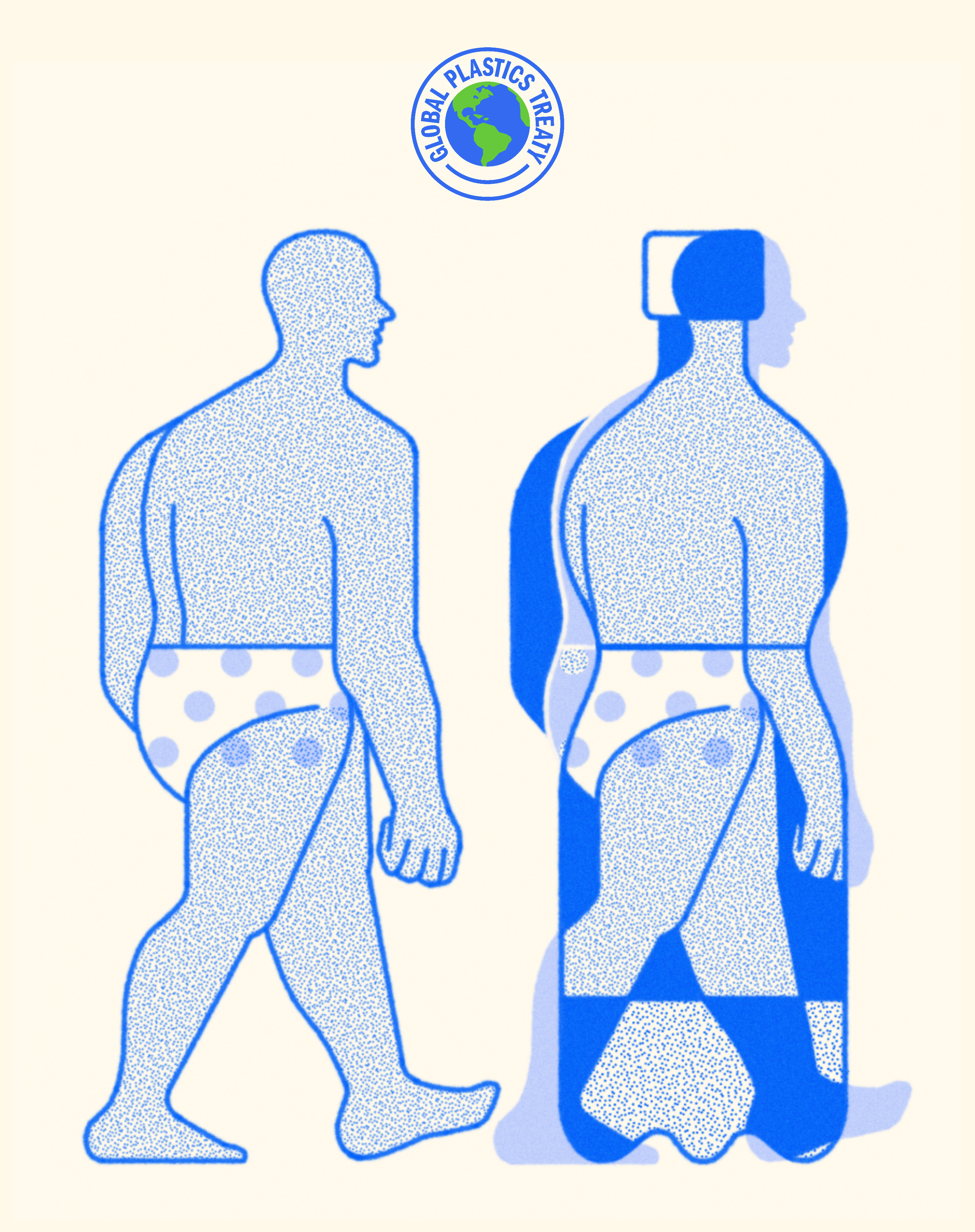 Illustration showing two side profile silhouettes of a man, with the one on the right wearing virtual reality goggles on his head. A logo with a globe and the text 'Global Plastics Treaty' is at the top.