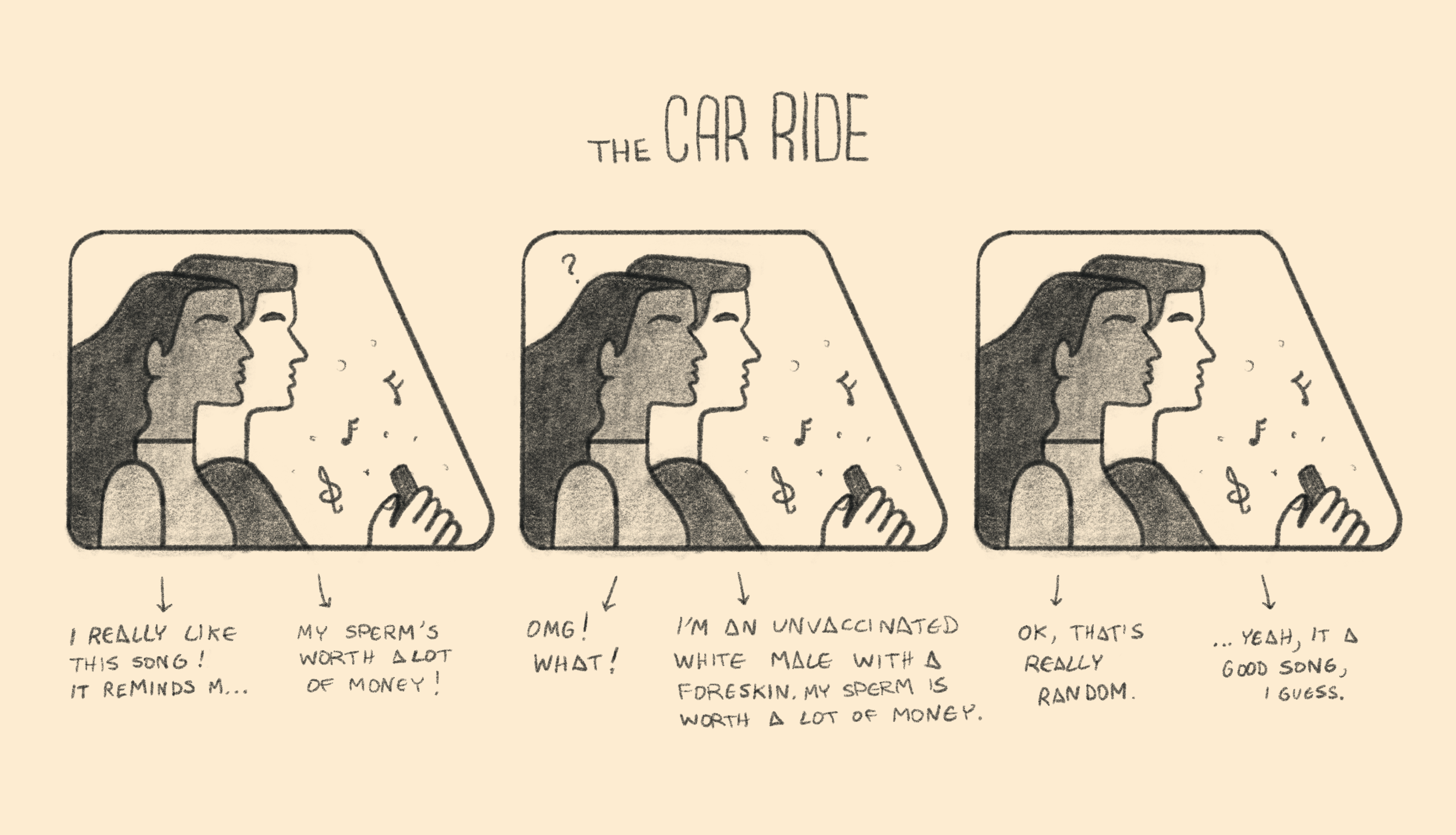 Comic strip titled 'The Car Ride' showing three panels of a woman in a car, looking at her phone. In the first panel, she comments on a song reminding her of her sperm's worth of money. In the second, she exclaims 'OMG! What!', while her passenger questions if she is unvaccinated. In the third, she remarks that the song is random, and the passenger agrees it was a good song.
