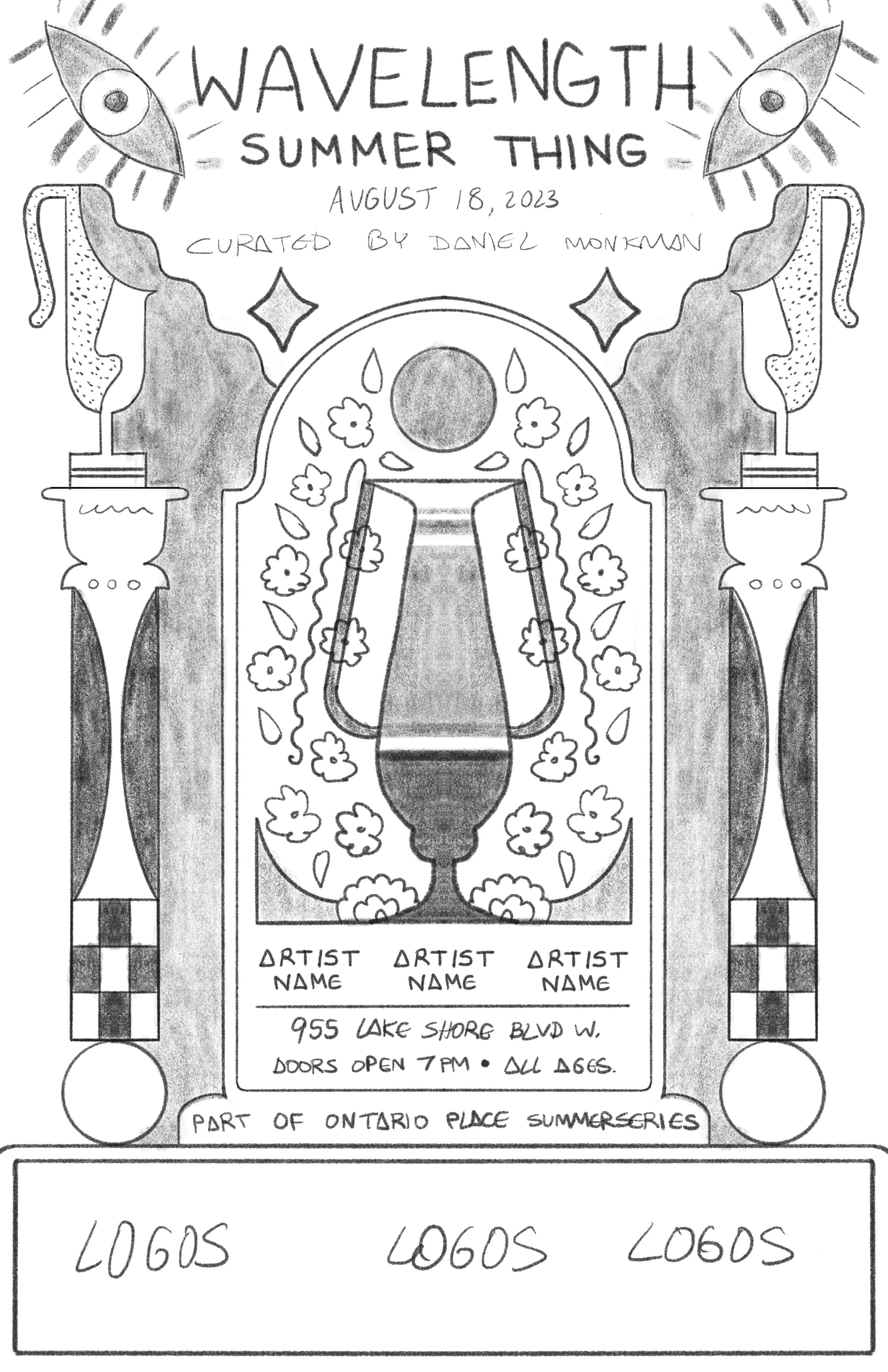 Hand-drawn concert poster for 'Wavelength Summer Thing' event on August 18, 2023, curated by Daniel Monkman, featuring artistic elements like eyes, columns, a glass of liquid, and decorative plants, with details about location, time, and artist line-up.