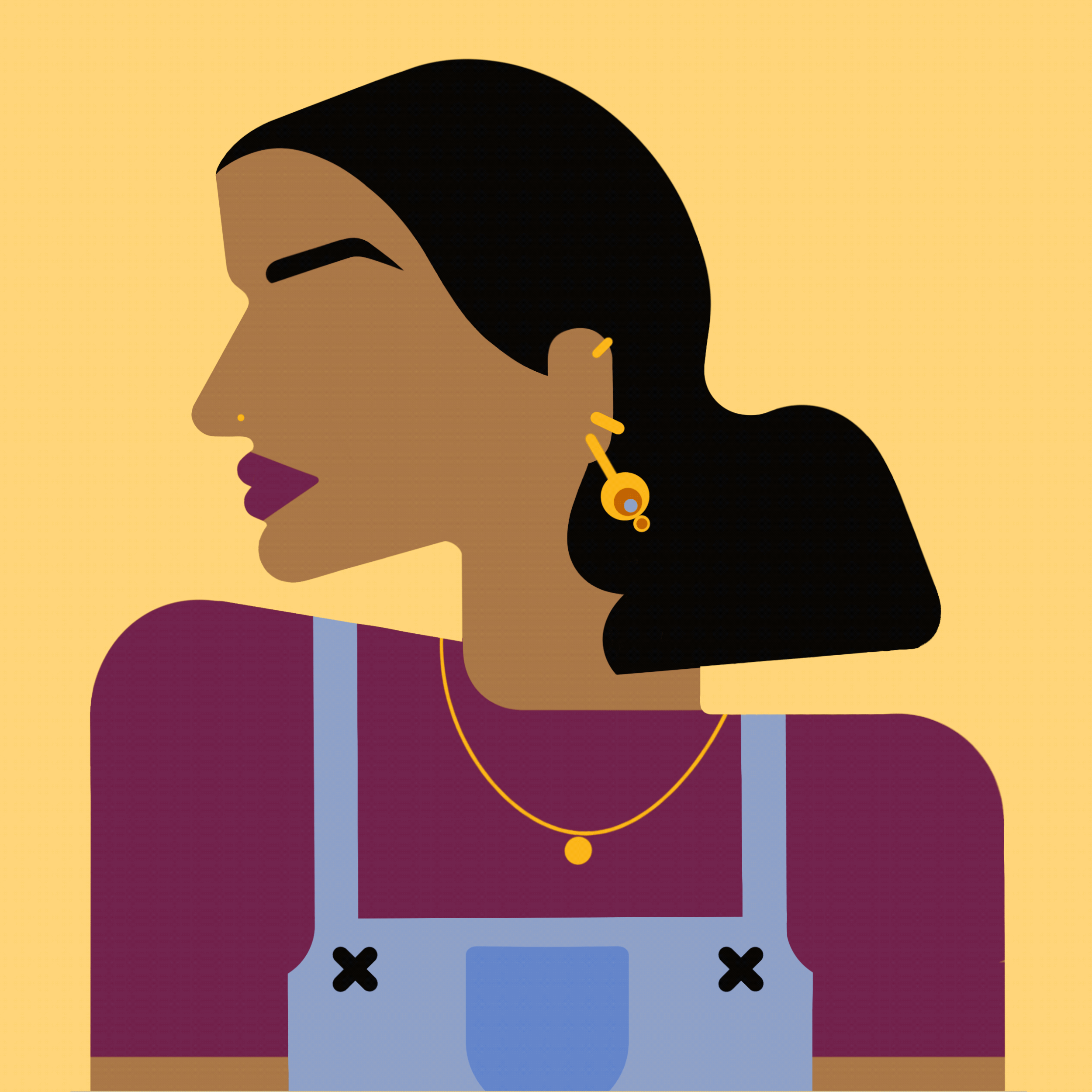 Digital illustration of a woman with dark hair, wearing jewelry and overalls, in profile view, against a yellow background.