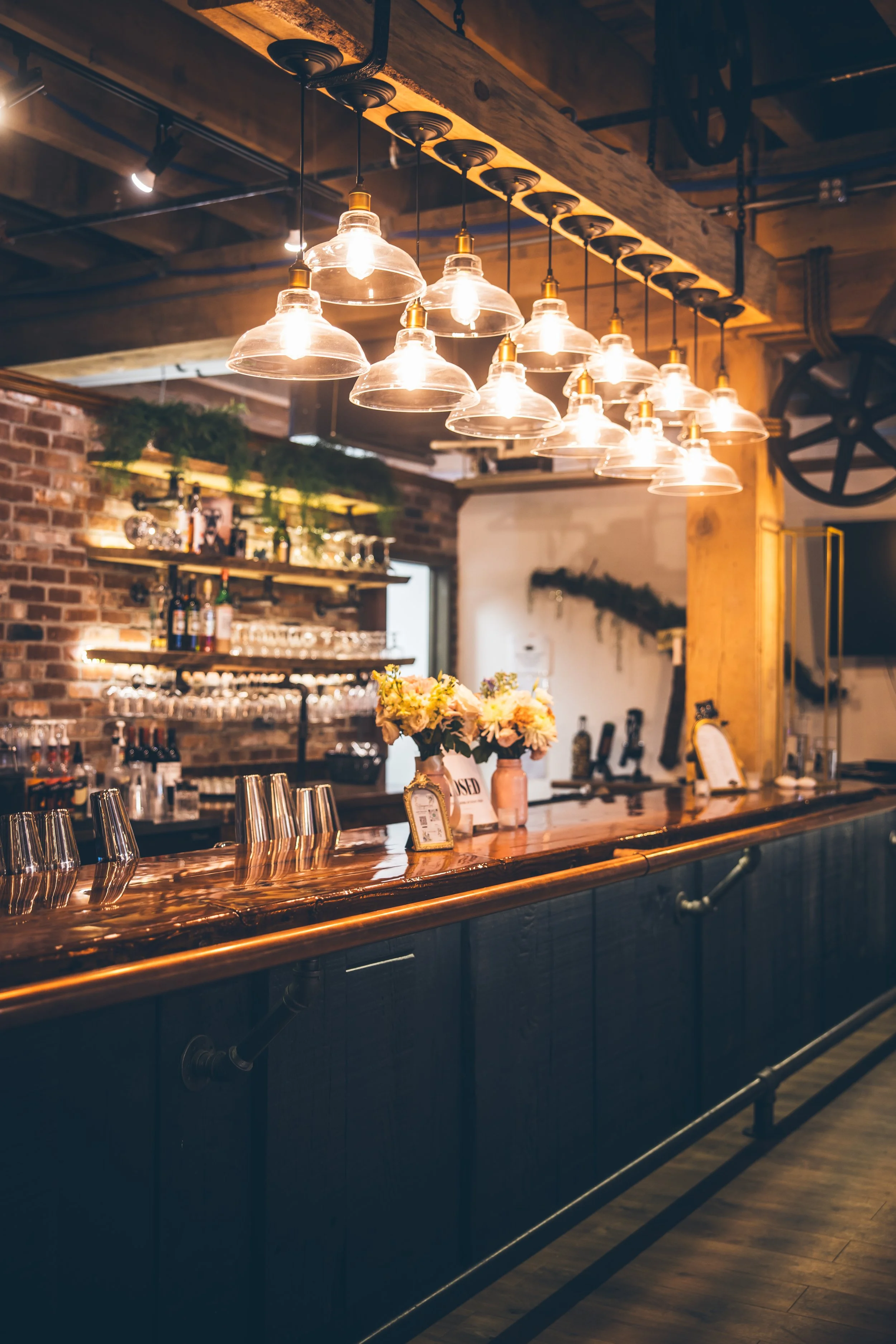 Wedding reception bar inside The Boxcar Room, photo by Ifong Chen Photography