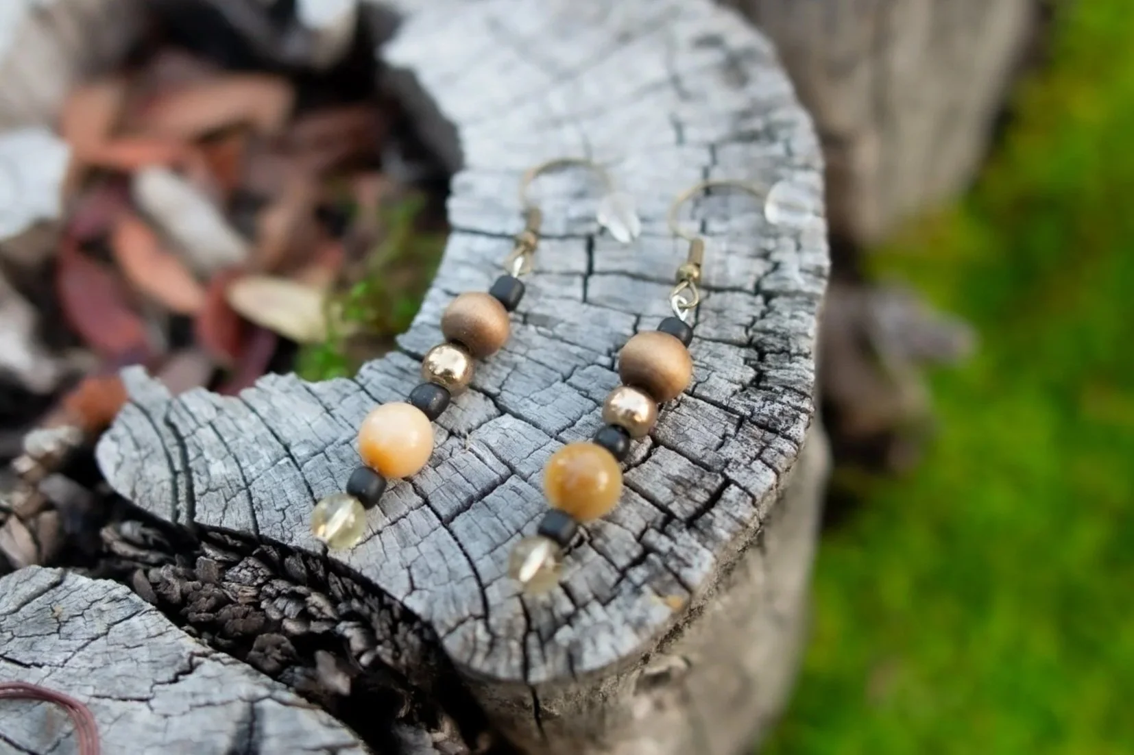 Citrine, Honey Citrine and Wood Earrings $8