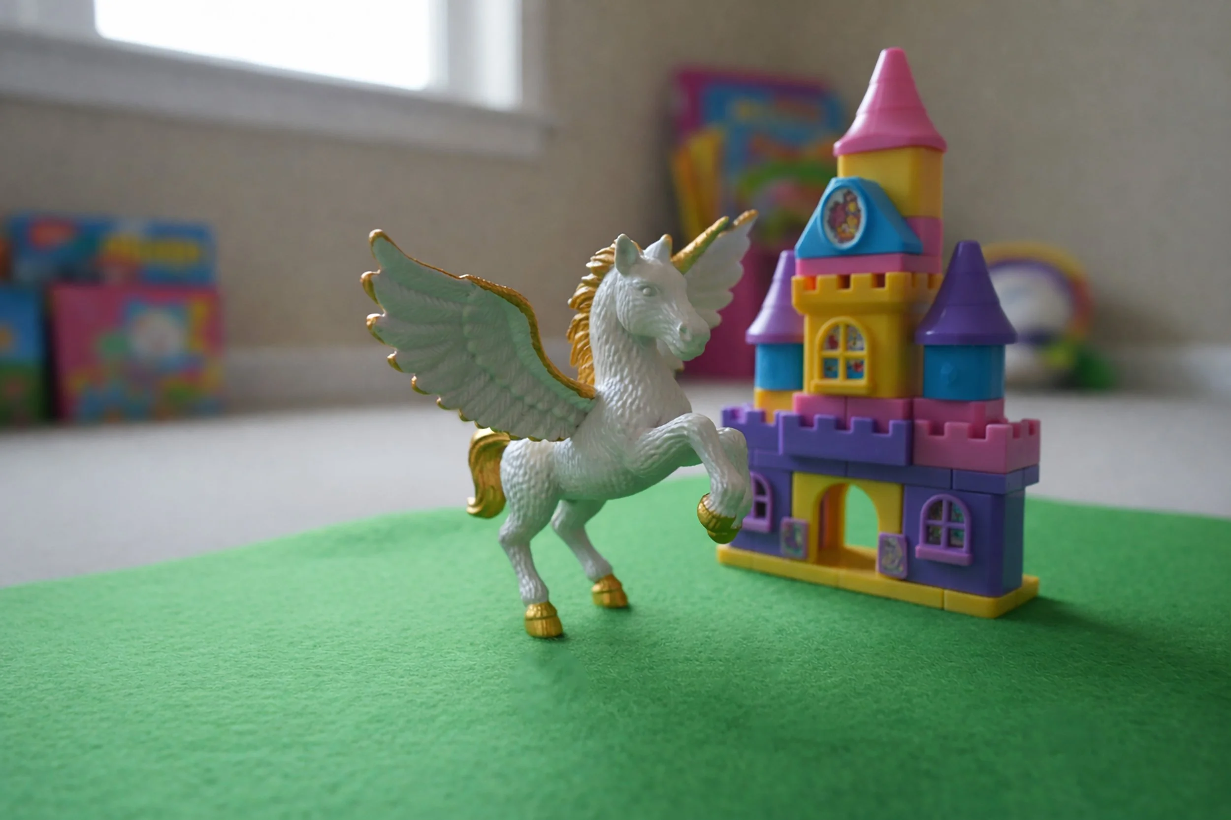 Colorful toy castle with a fairy-tale design and a white unicorn figurine with wings positioned in front of it on a green surface.