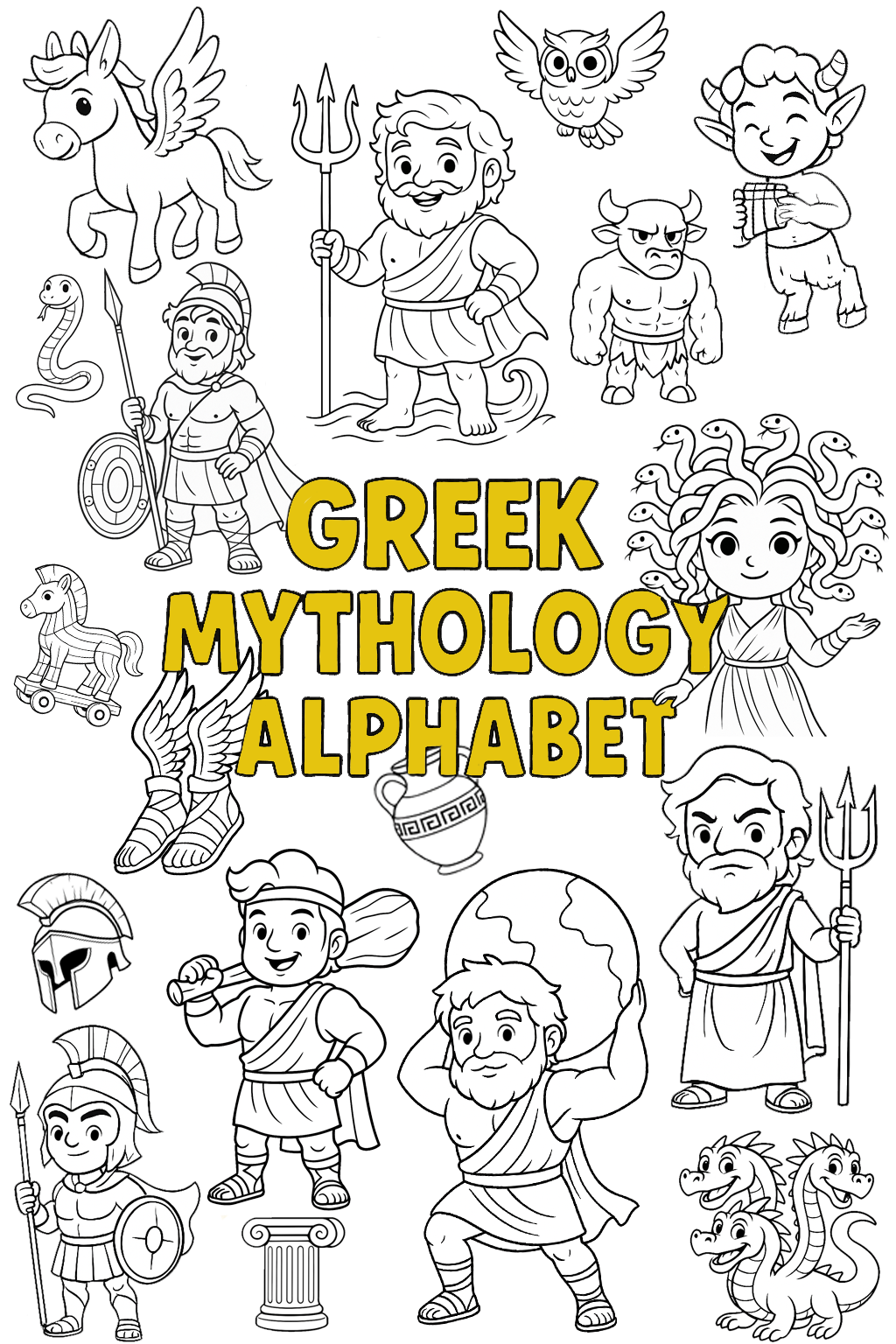 Black and white illustration of Greek mythology characters, gods, heroes, and mythological creatures, with the text 'Greek Mythology Alphabet' in the center.
