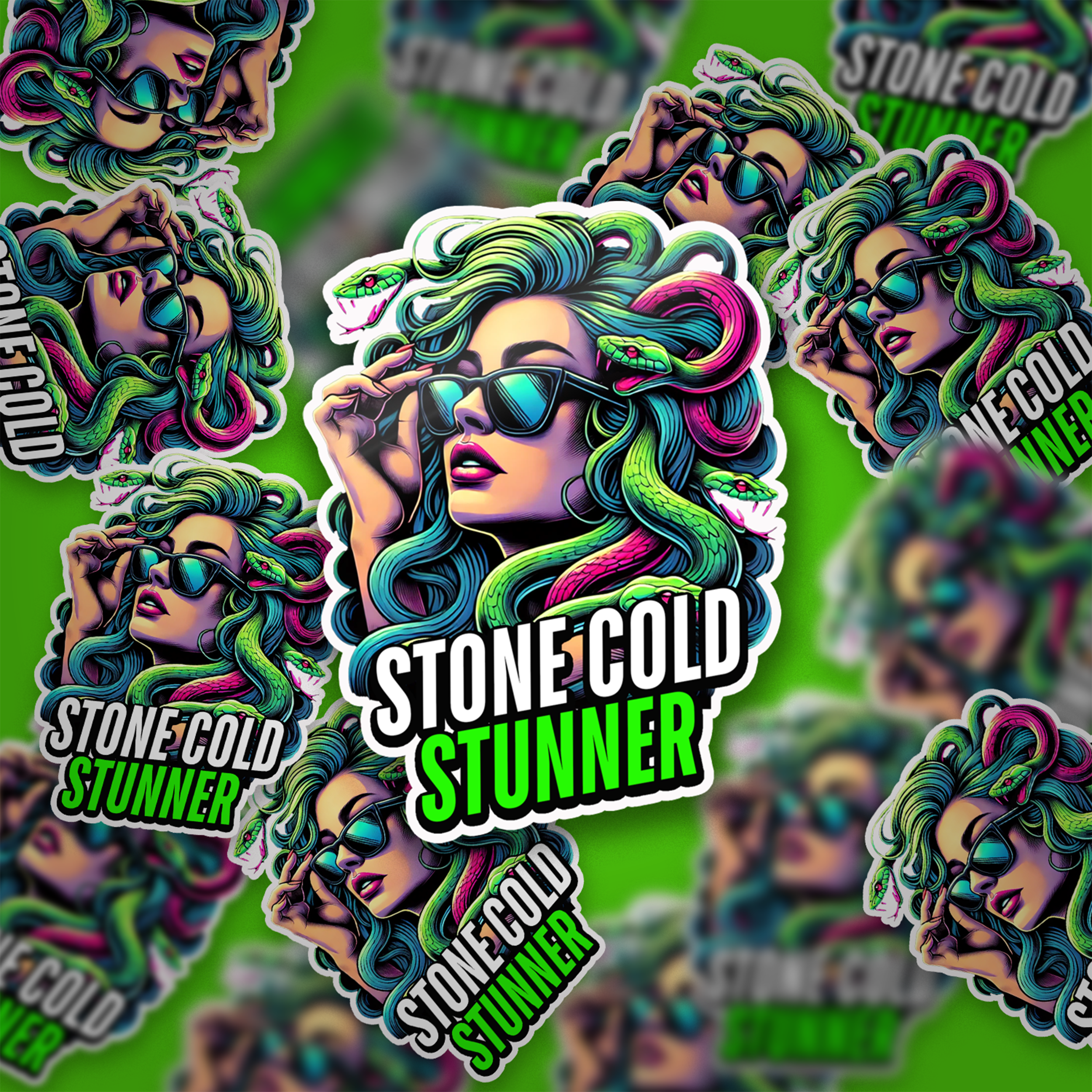 Colorful sticker sheet featuring a woman with long, wavy hair. She wears sunglasses and holds them with one hand. Several green snakes are intertwined in her hair. Text on the sticker reads, 'Stone Cold Stunner' in large, bold letters.