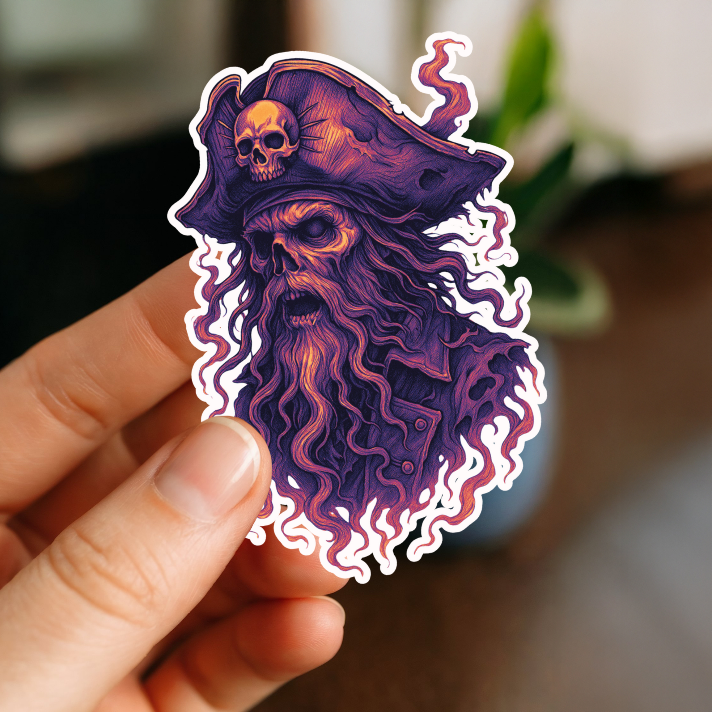 A sticker featuring a purple witch hat with orange accents, a skull with hollow eyes integrated into the hat, and purple swirling hair flowing from underneath, held between person's fingers.