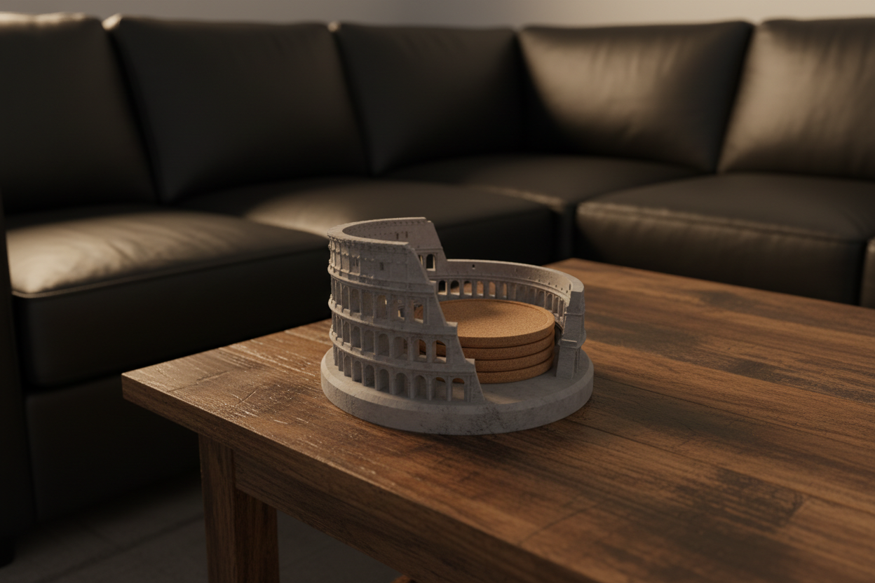 A scale model of the Roman Colosseum on a wooden table in front of a black leather sectional sofa.