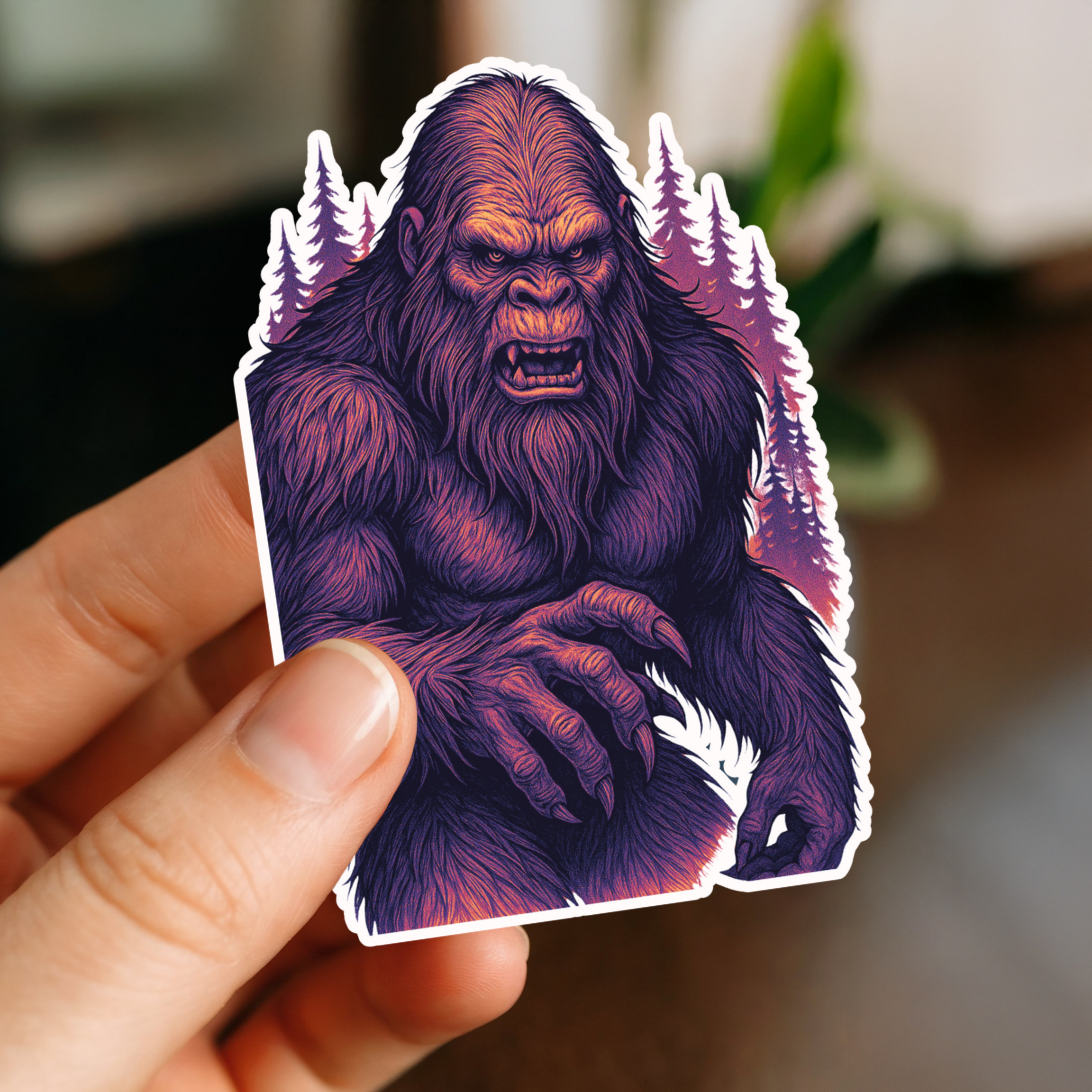 A sticker of a fierce ape with a purple and orange fur, surrounded by a forest of pine trees, held between fingers.