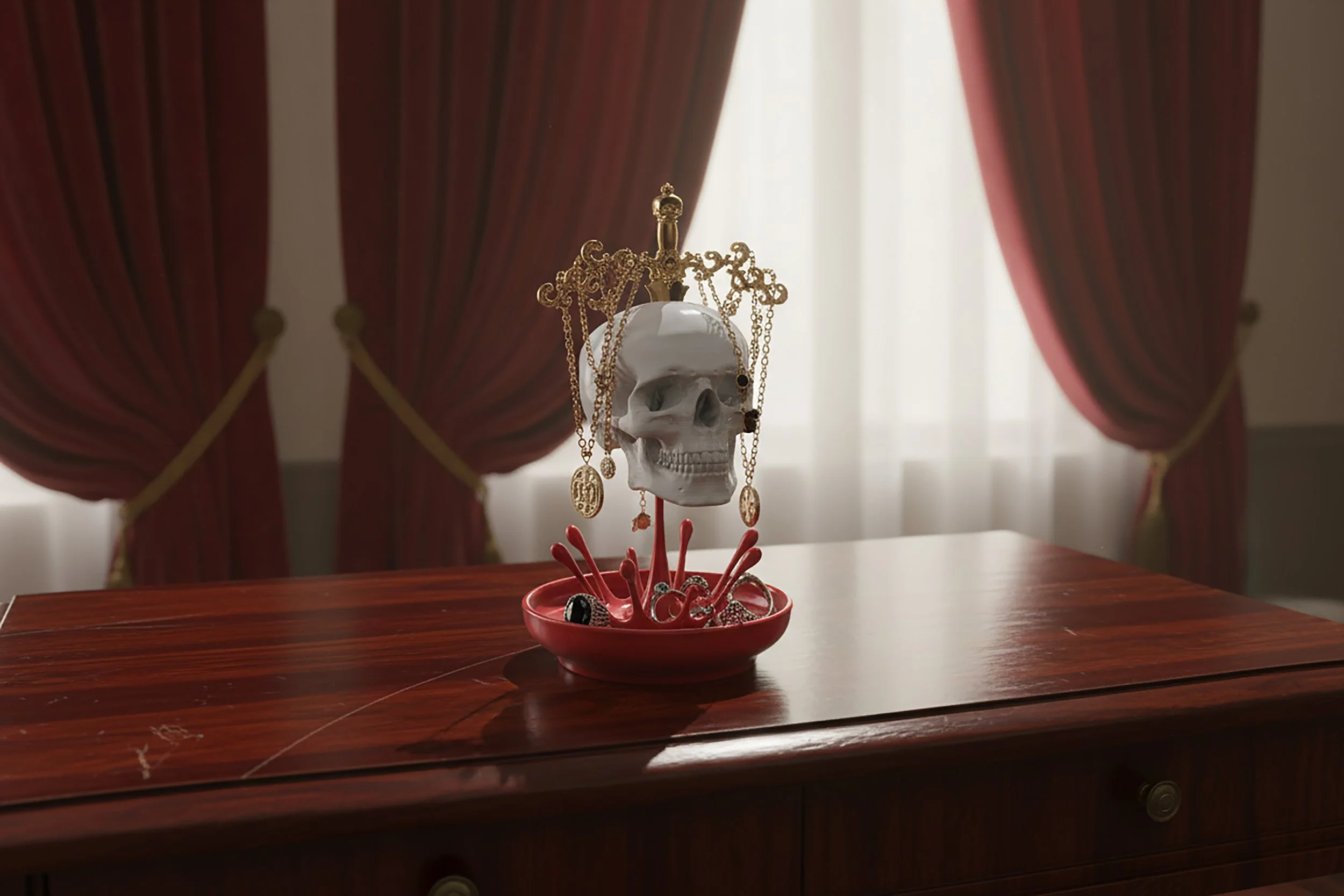 A decorative skull wearing a gold crown adorned with jewelry, displayed on a table with a red bowl filled with jewelry, set in front of dark red curtains with gold trim.