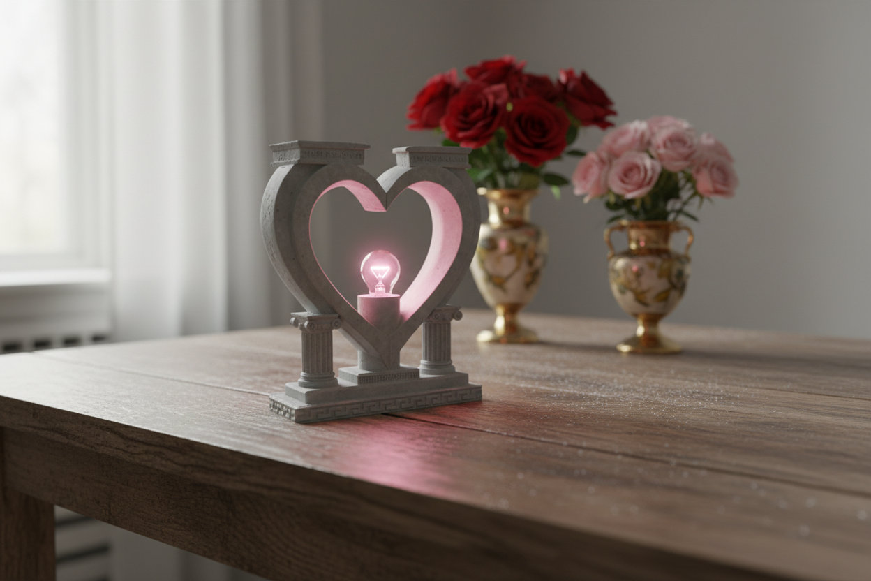 A decorative heart-shaped lamp with a light bulb inside sits on a wooden table, with two ornate vases of pink and red roses in the background.