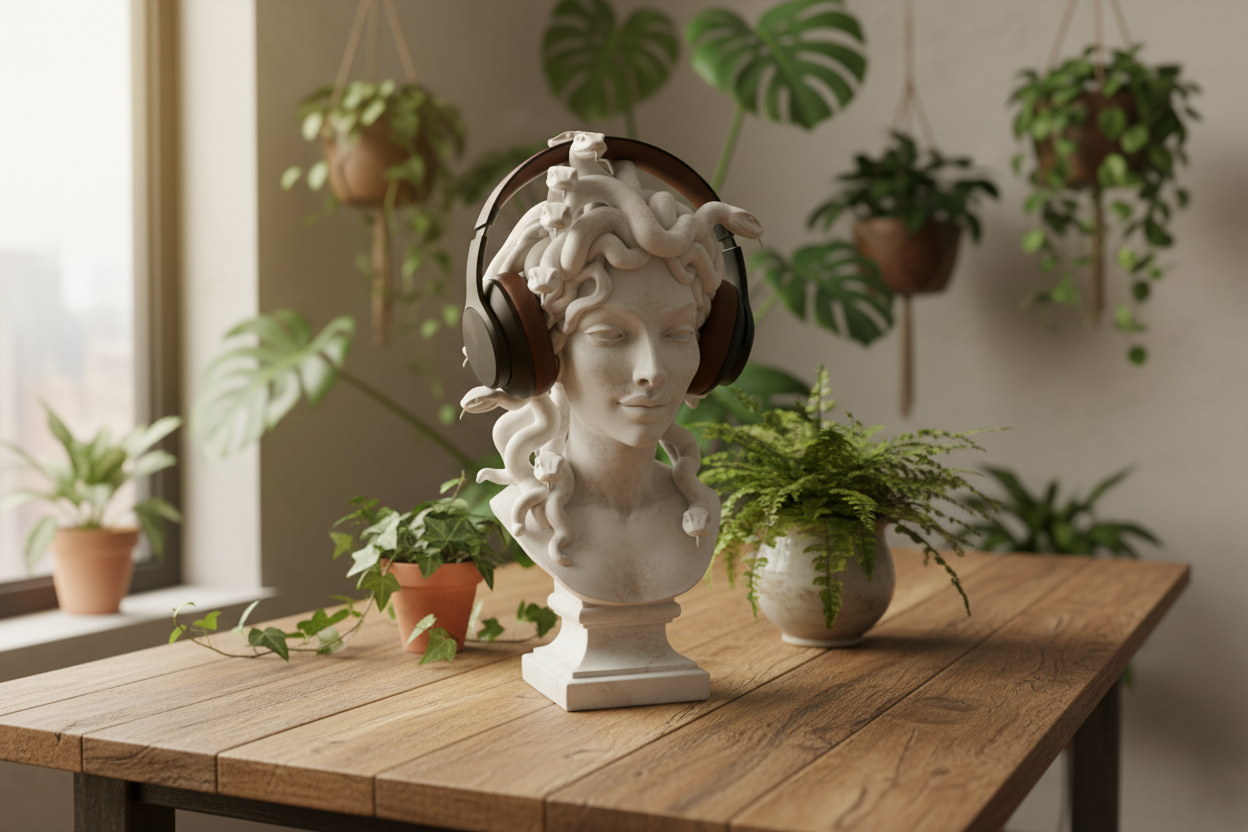 A white marble bust of Medusa wearing black headphones, on a wooden table with potted plants in the background.