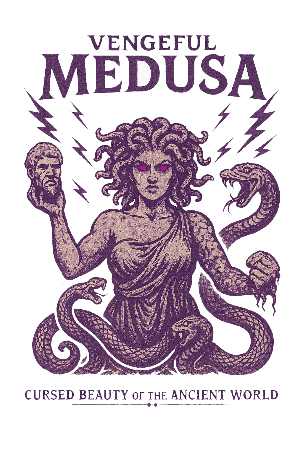 A dark purple illustration of Medusa with snake hair, glowing pink eyes, holding a severed head of a man in one hand, and a snake in the other. The text above reads 'Vengeful Medusa' and below 'Cursed Beauty of the Ancient World'.