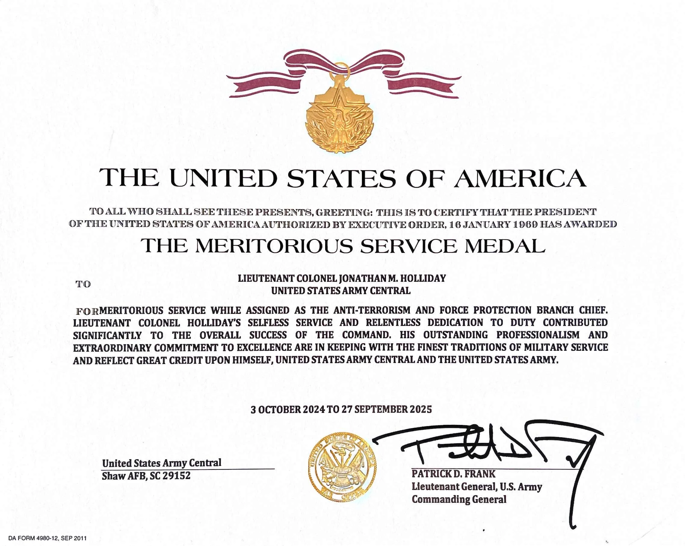 Certificate of the Meritorious Service Medal awarded to Lieutenant Colonel Jonathan M. Holliday by the United States Army, featuring a gold medal badge, ribbon, signatures, and official seals.