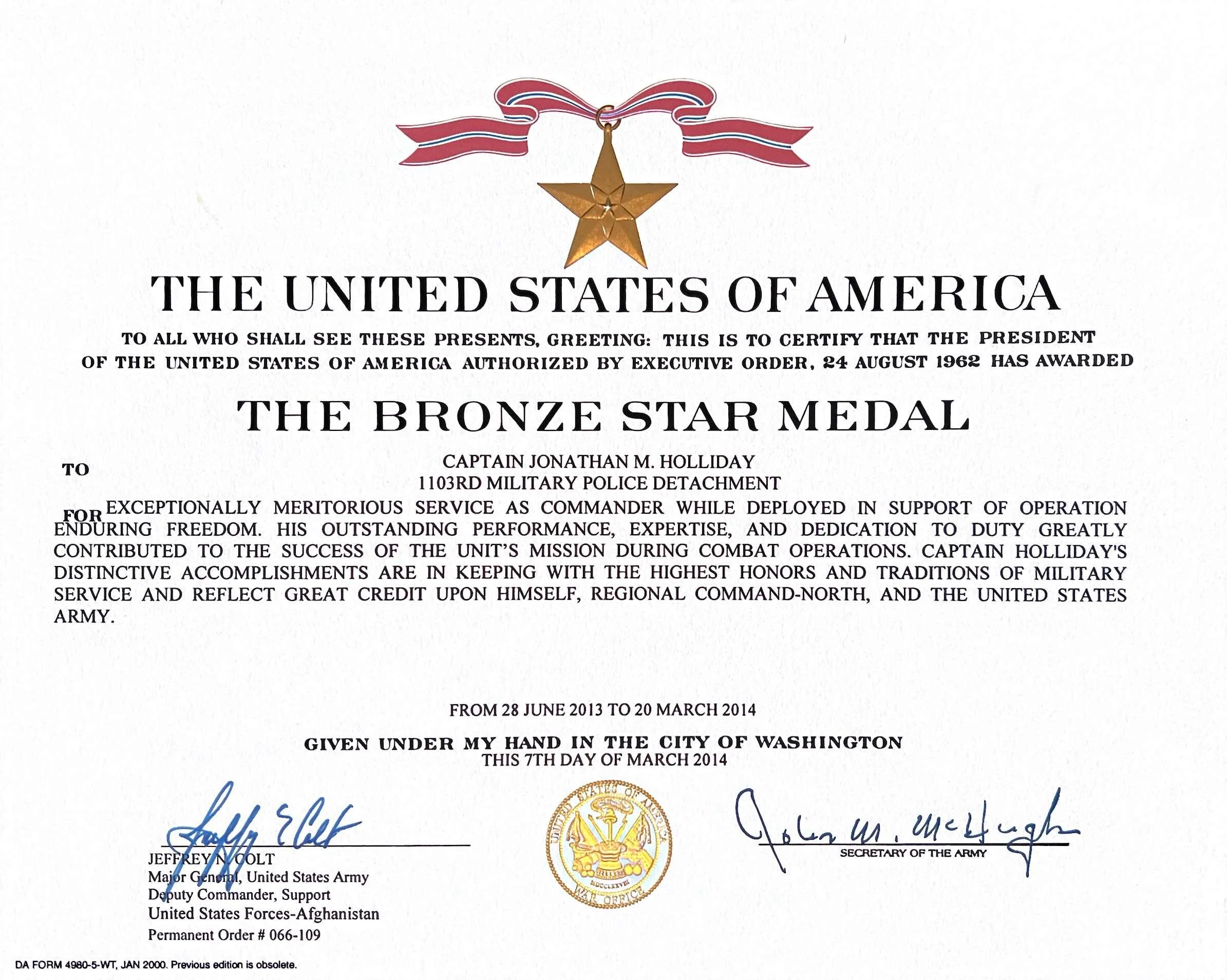 Certificate of the Bronze Star Medal awarded to Captain Jonathan M. Holliday, dated March 7, 2014, signed by Jeffrey N. Holt and John M. McHugh, with an official seal and decorative ribbon with a star at the top.