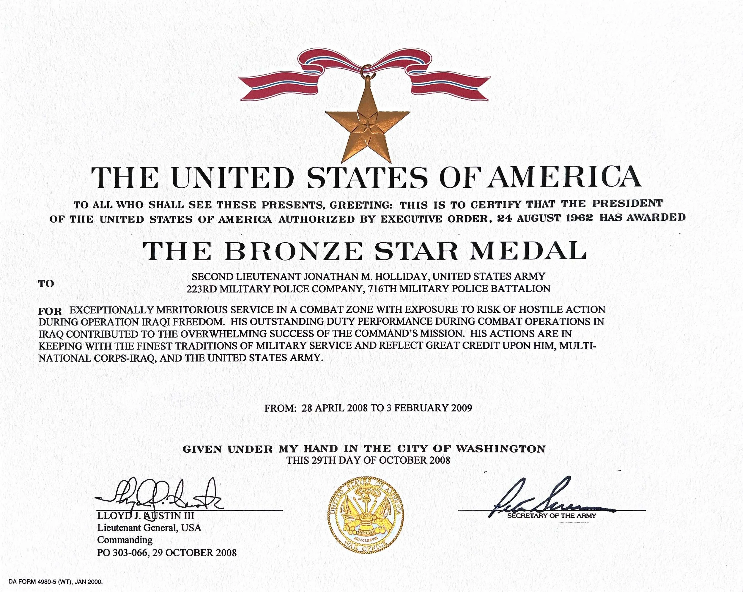 Official certificate of the Bronze Star Medal awarded to Second Lieutenant Jonathan M. Holliday, with a gold star medal and a red, white, and blue ribbon at the top.