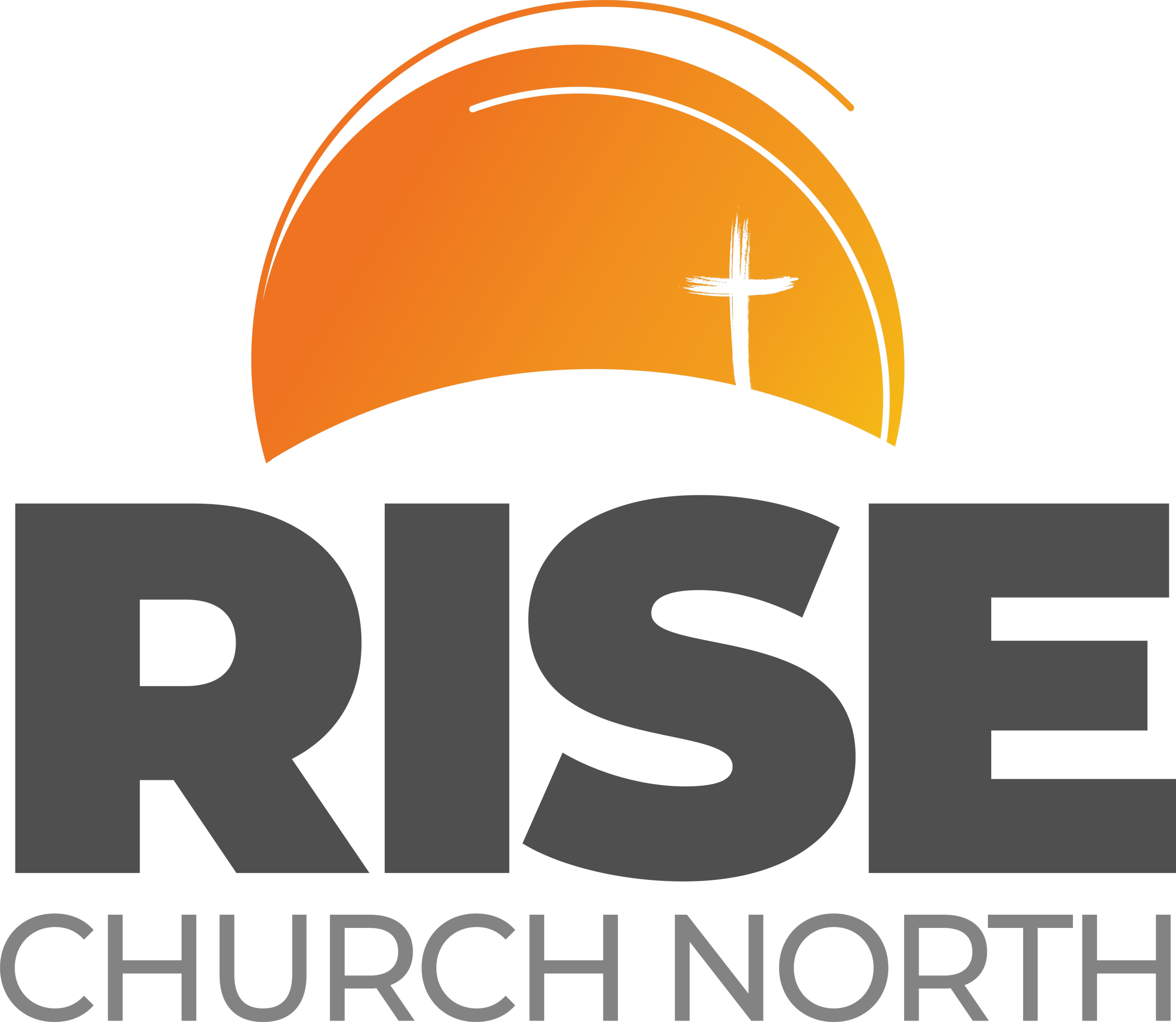 Logo for Rise Church North featuring a black cross on an orange sunset background with the words 'Rise Church North' in large gray text.