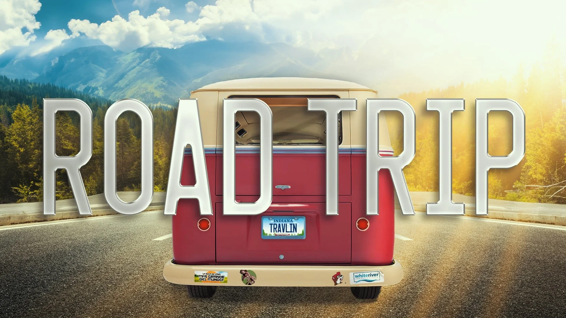 A red Volkswagen camper van on a road with a background of mountains and trees, with large white text 'ROAD TRIP' over the image.