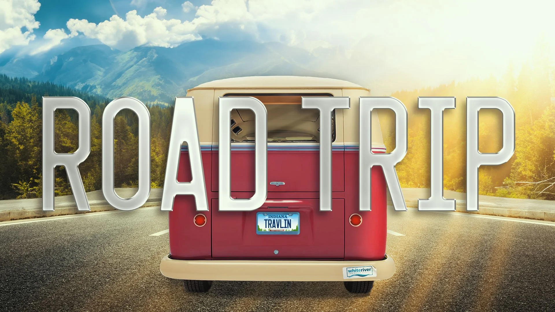 Back of a red vintage Volkswagen camper van parked on a road with mountains and trees in the background, overlaid with the bold white text 'ROAD TRIP'.