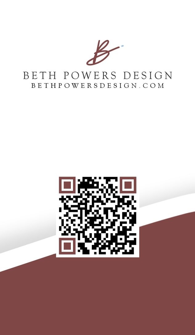 Business card with a logo including a stylized letter 'B' and the text 'Beth Powers Design' with website 'bethpowersdesign.com' and a QR code at the bottom.