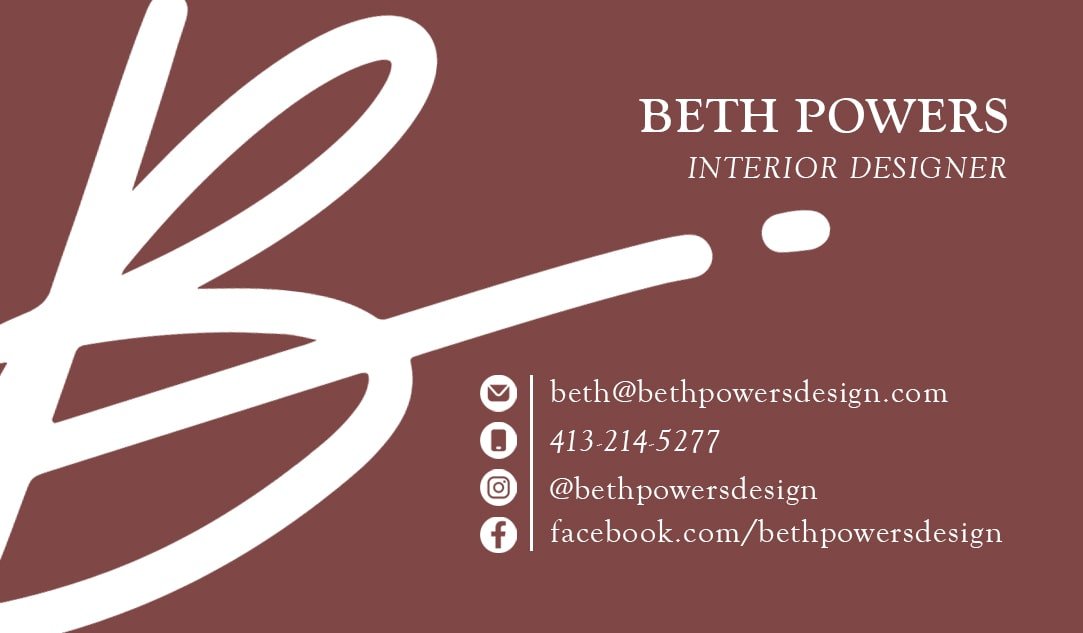 Business card for Beth Powers, interior designer, with a brown and white leaf design background. Includes contact email, phone number, Instagram handle, and Facebook page.
