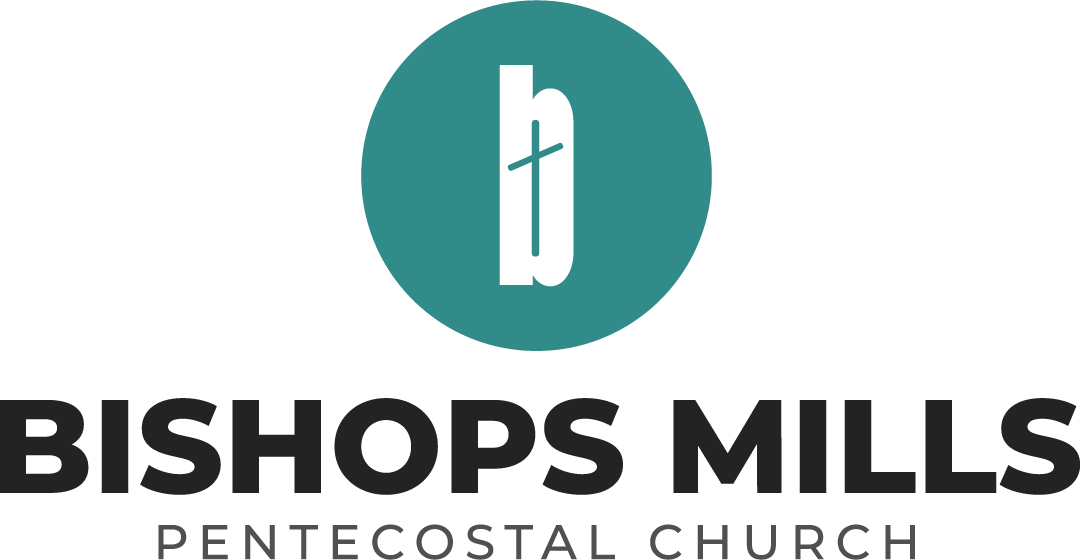 Logo for Bishop's Mills Pentecostal Church featuring a stylized white cross and sword inside a teal circle, with the church name below.