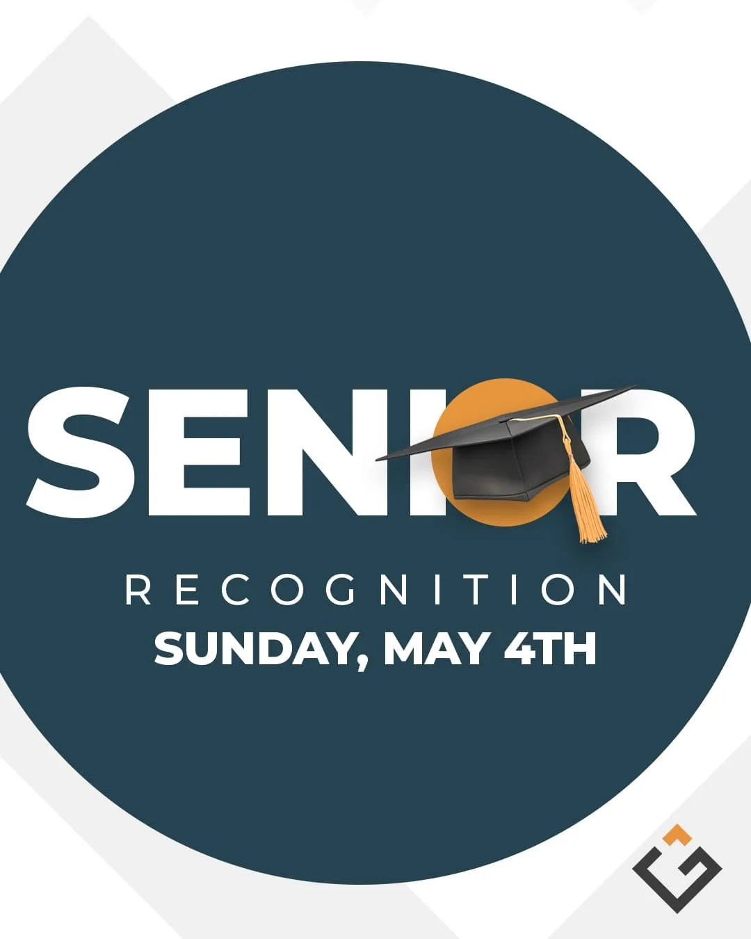 A circular graphic with dark blue background and white text announcing a senior recognition event on Sunday, May 4th. The word 'SENIOR' features a graduation cap and tassel replacing the letter 'I'.