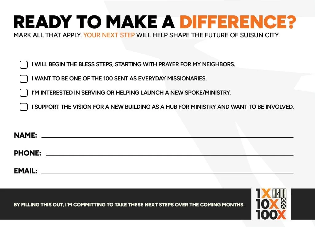 A form titled 'Ready to Make a Difference' with checkboxes for various commitments, spaces for name, phone, and email, and a statement at the bottom encouraging next steps for community involvement.