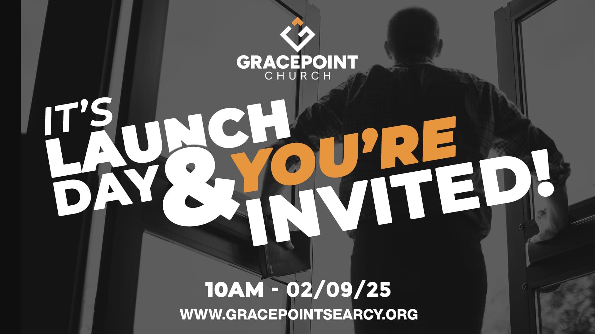 Invitation graphic for Gracepoint Church's launch day event featuring a man standing at an open door, with text that says "It's Launch Day & You're Invited!" and details for the event on February 9, 2025, at 10AM, with the church's website.